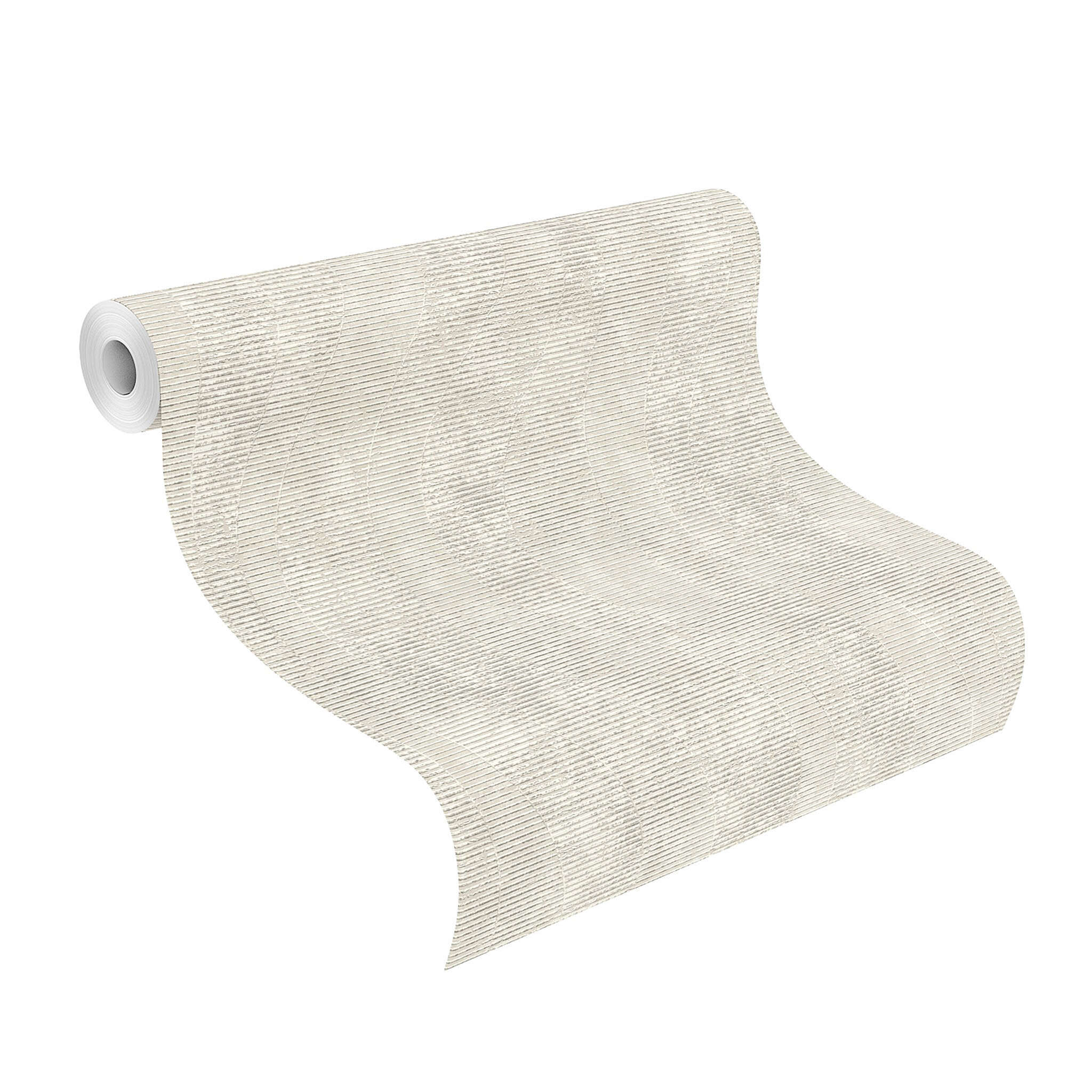 10-315806 Rolle abgerollt 1 Unrolled wallpaper roll with Sand-coloured wallpaper with a gently curved wave pattern on a textured surface – subtle and dynamic.
