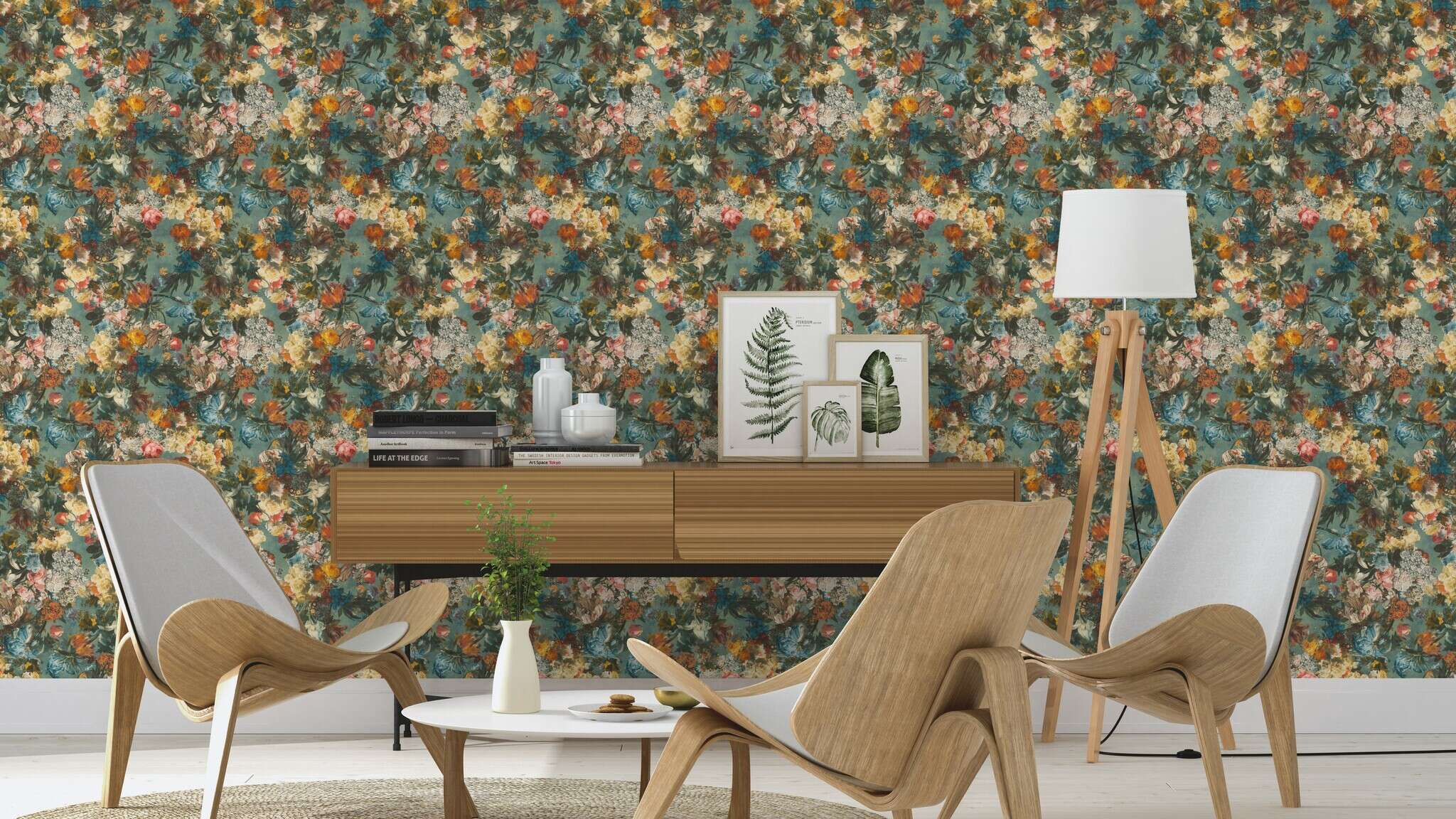 10-605655 Raumsituationen 3 Room with Wallpaper with lush floral pattern in vintage style