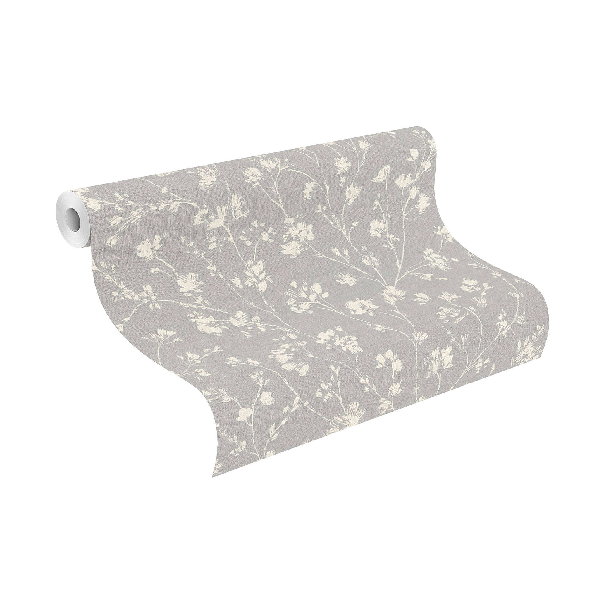 10-463828 Rolle abgerollt 1 Unrolled wallpaper roll with Delicate white flower tendrils on a medium grey background – an elegant, subtle wallpaper for modern living spaces.