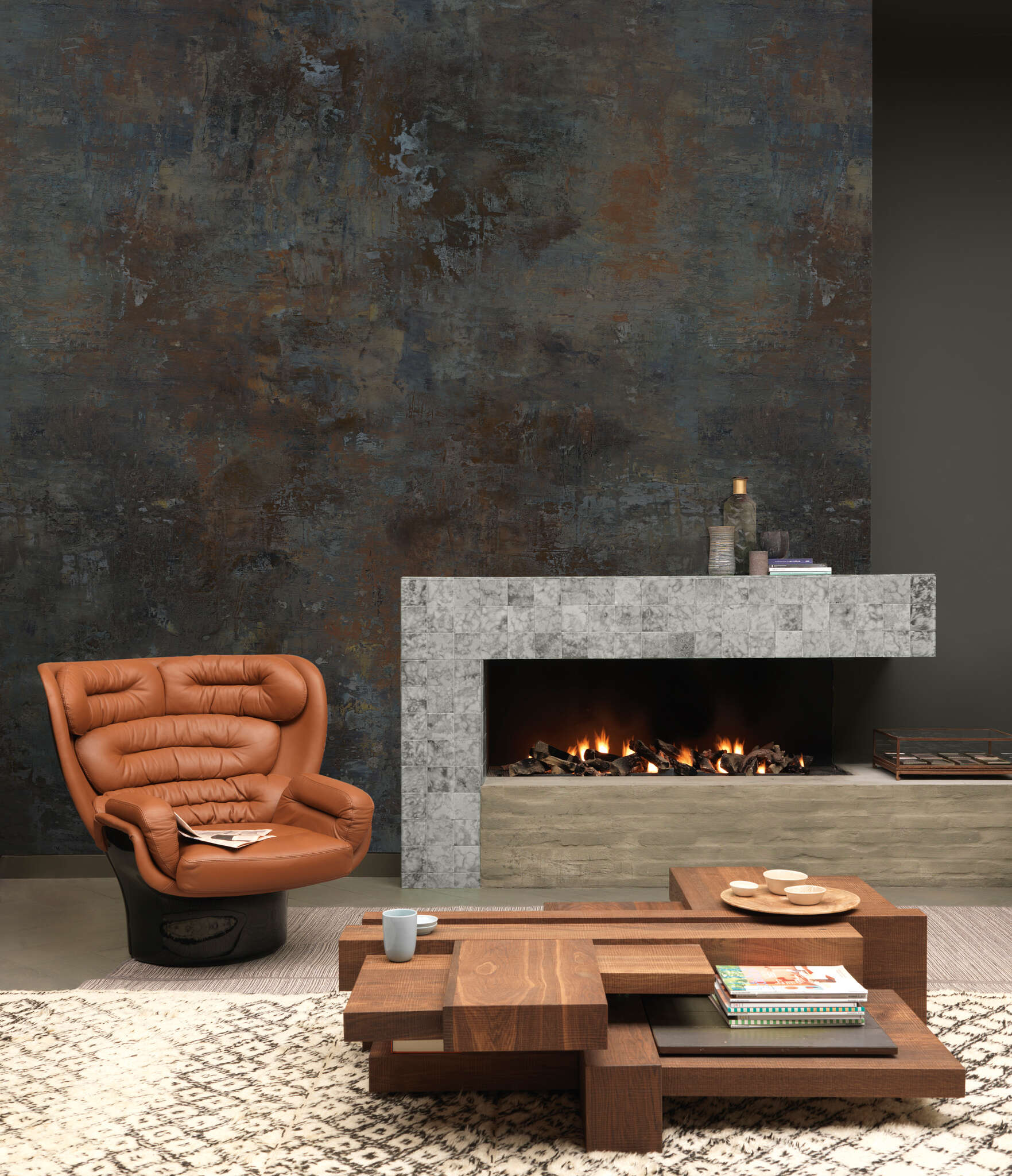 10-429619 Raumbilder 1 Room with Fototapete mit industriellem Metalleffekt in Schwarz und Braun