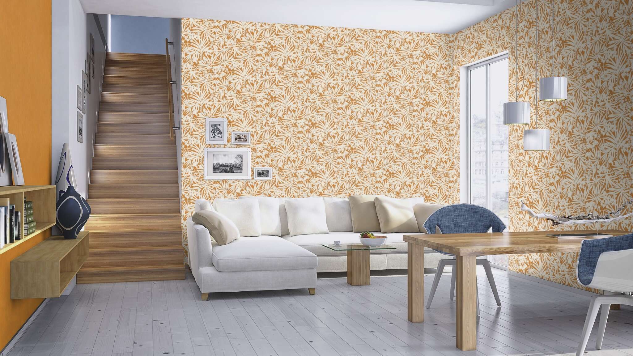 10-330328 Raumsituationen 3 Raum mit Warmer Ockerton mit weißem Blättermuster im Negativstil – ausdrucksstark und natürlich zugleich.