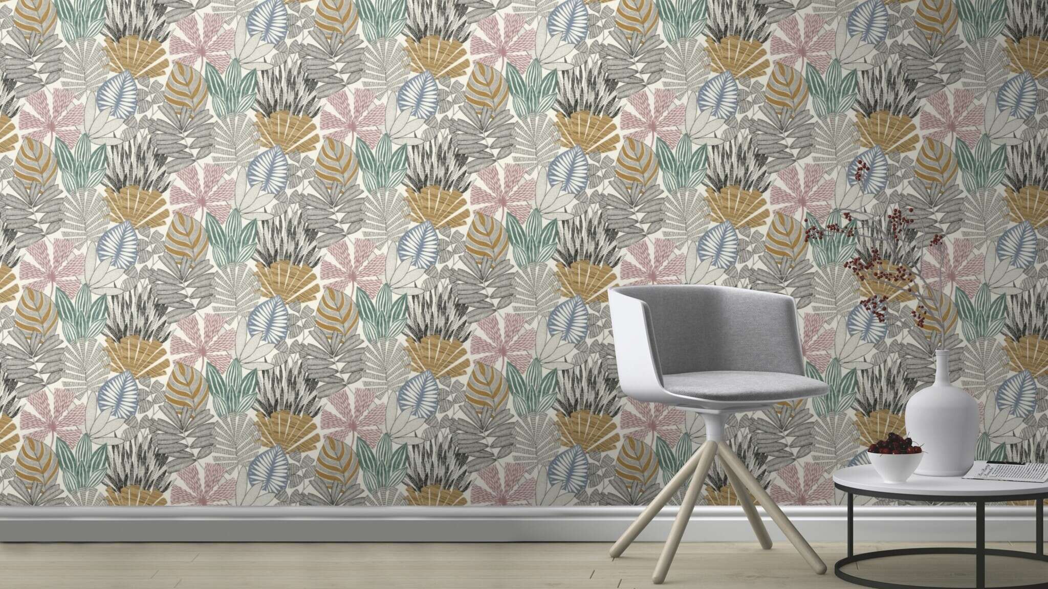 10-868258 Raumsituationen 3 Room with Imaginatively arranged leaves in various styles in Rolsa, green and blue