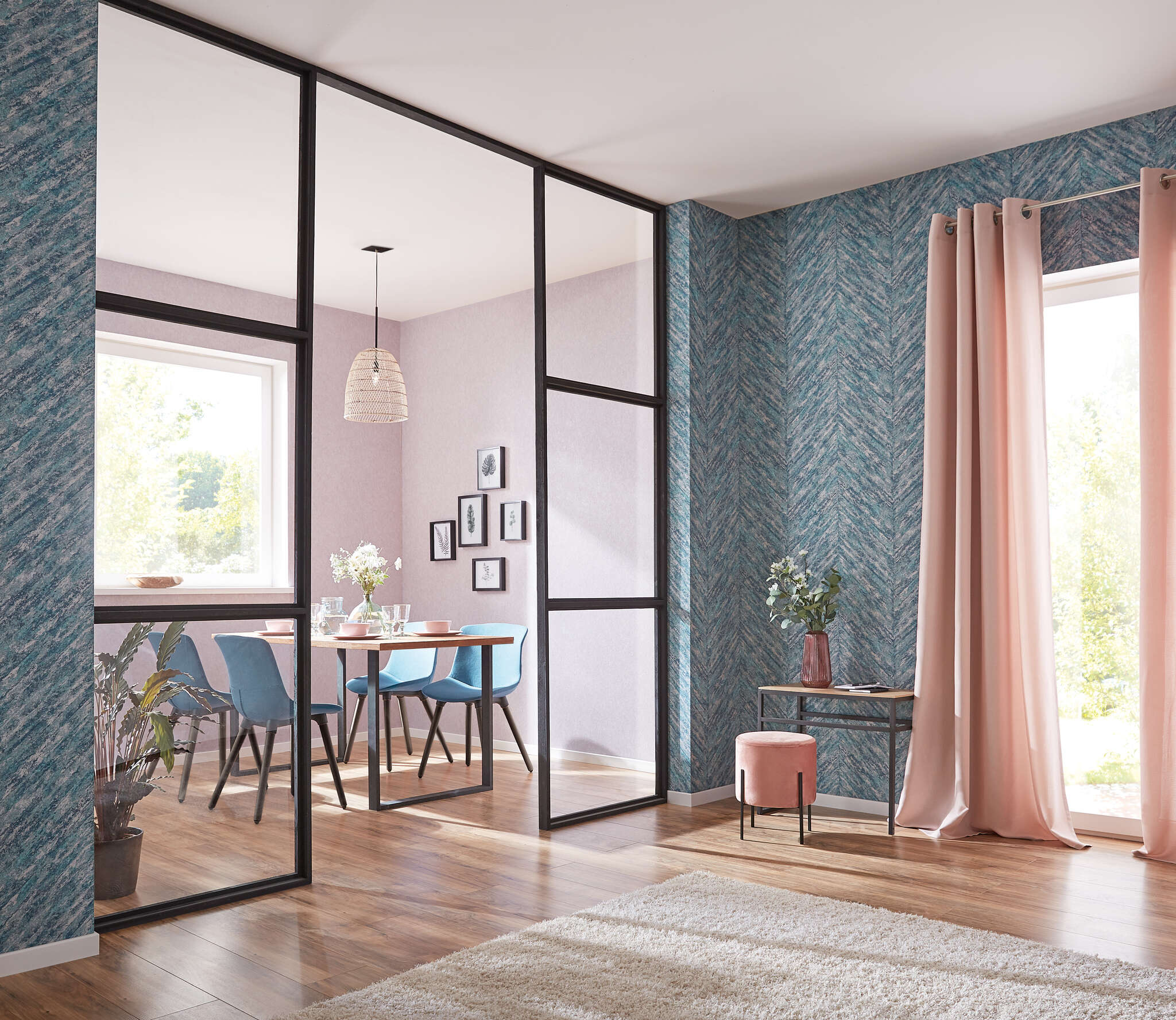10-617542 Raumbilder 1 Herringbone non-woven wallpaper in turquoise-lagoon Selection 617542