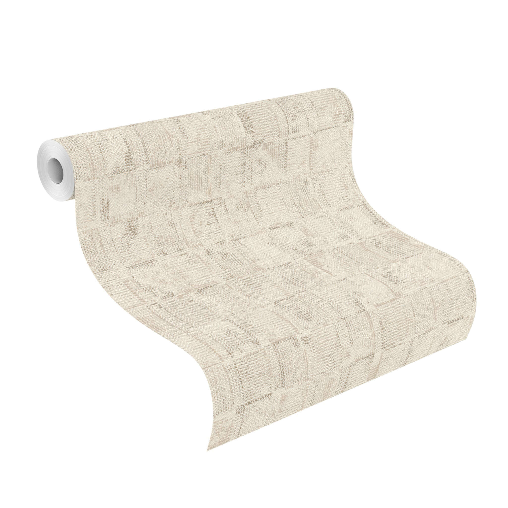 10-314717 Rolle abgerollt 1 Unrolled wallpaper roll with Cream-coloured non-woven wallpaper with a woven patchwork texture and a slightly raised look.