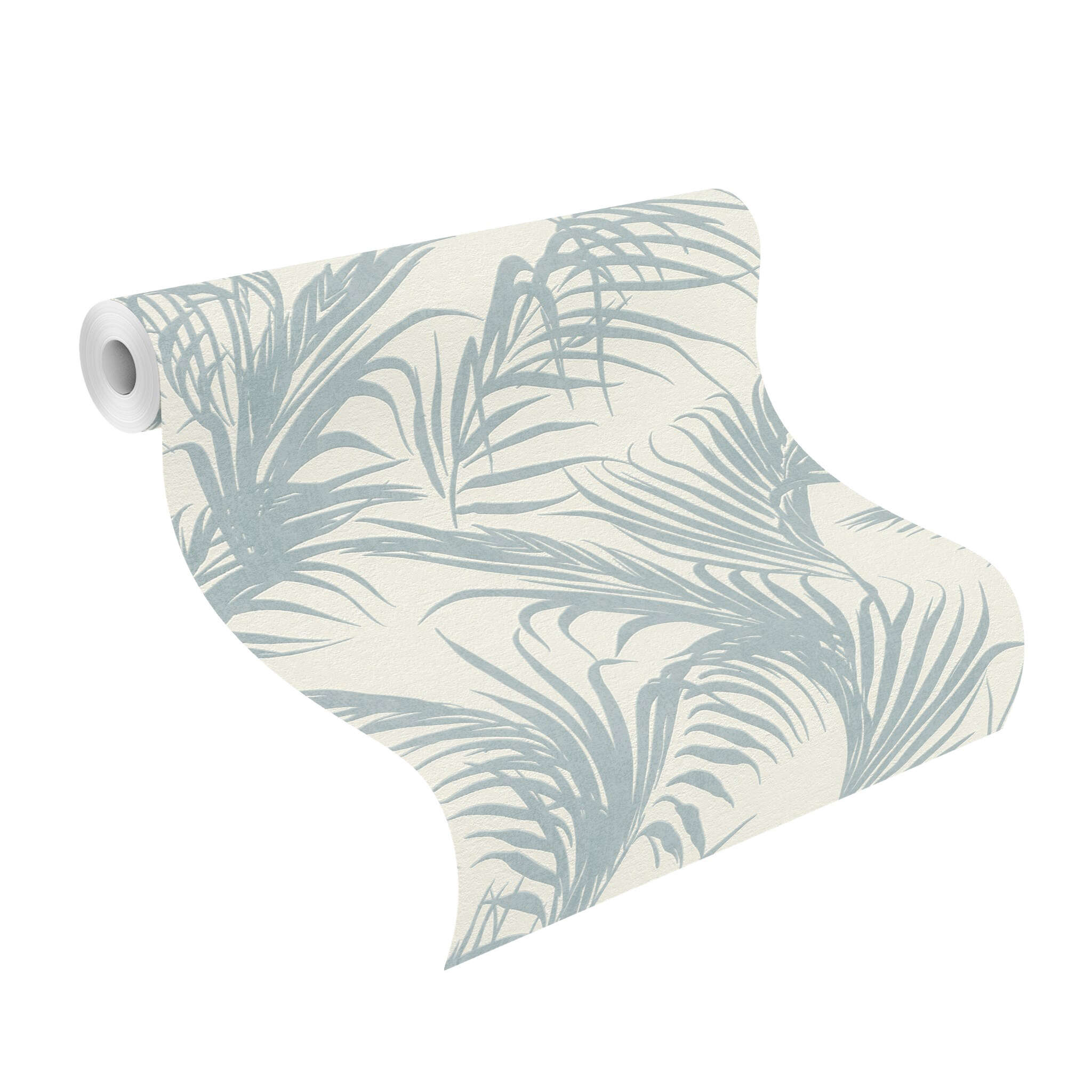 10-314014 Rolle abgerollt 1 Unrolled wallpaper roll with Cream-coloured background with petrol blue palm leaves, modern and fresh.