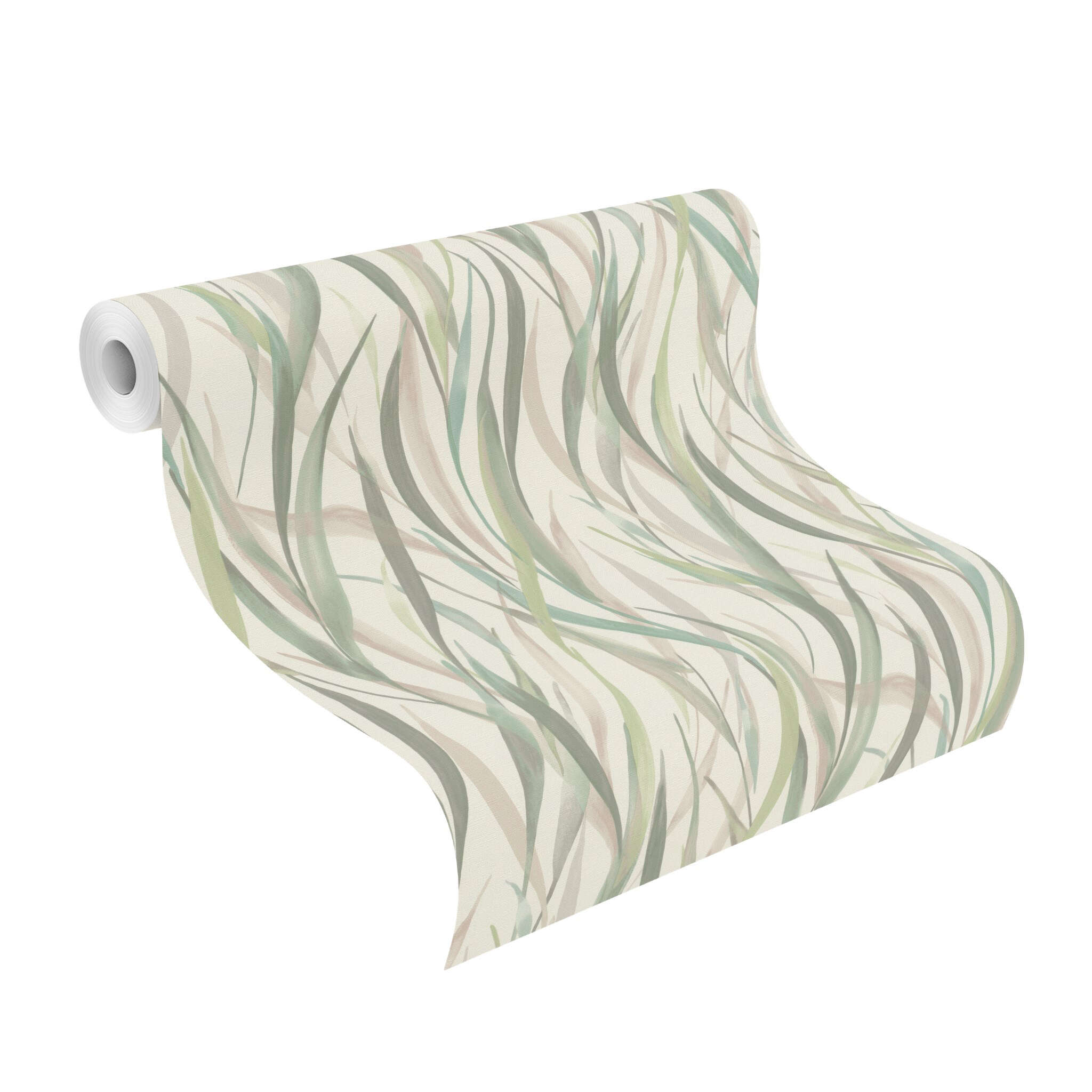 10-330212 Rolle abgerollt 1 Unrolled wallpaper roll with Green watercolour grasses on a light background – a fresh, natural atmosphere for modern rooms.