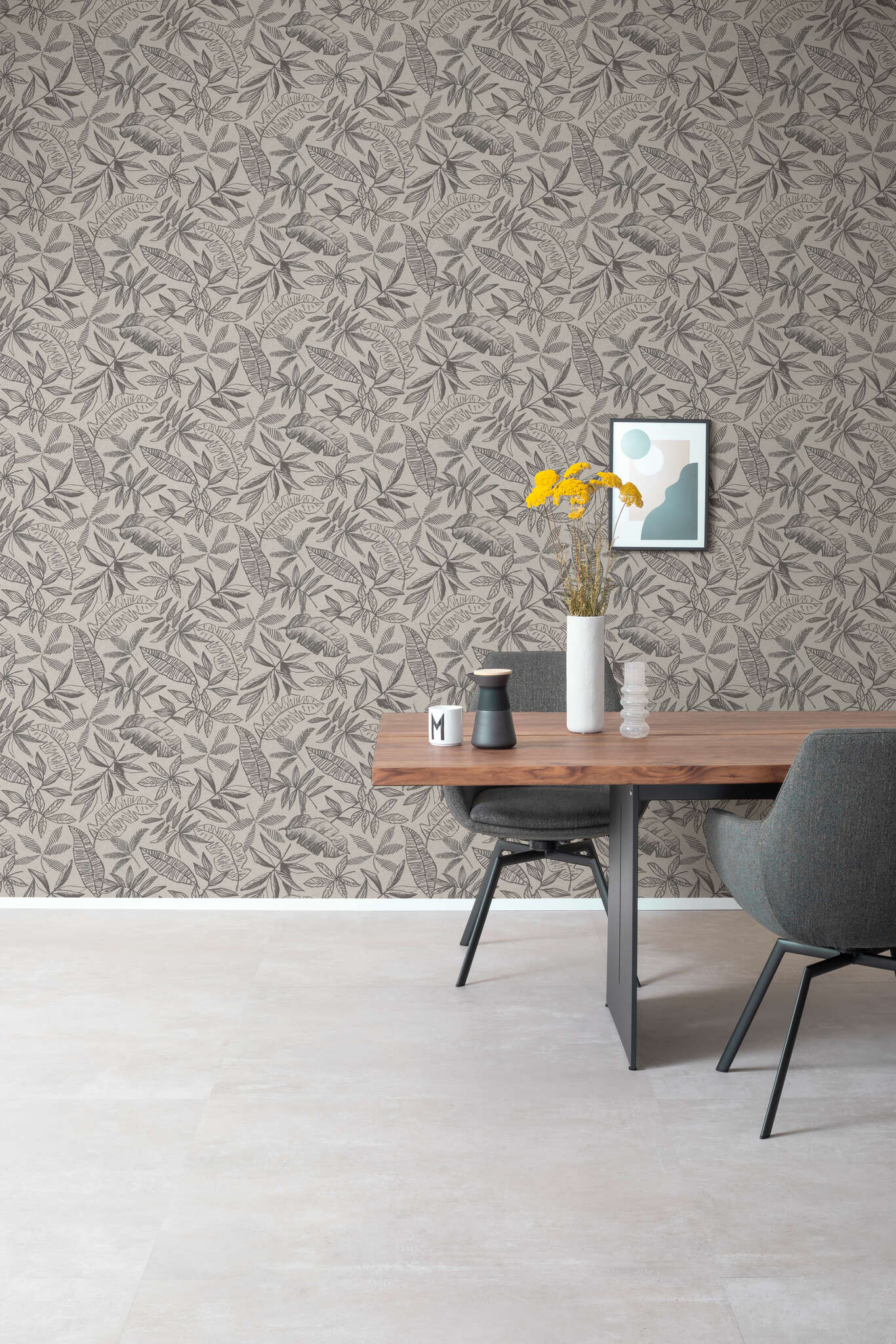 10-600575 Raumbilder 1 Room with Wallpaper with large, sketched leaves in comic style