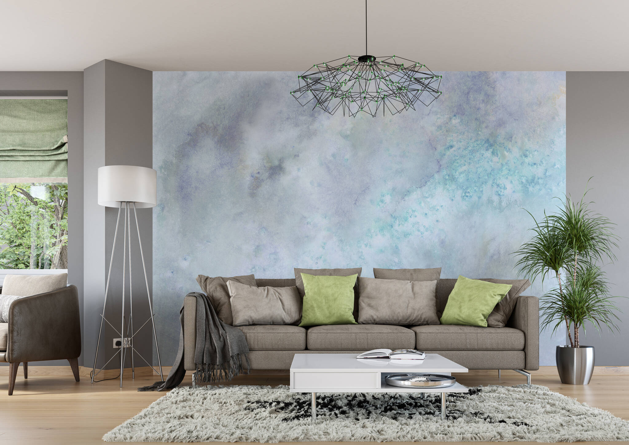 Wohnzimmer mit Wandbild - Wolkiges Aquarell in weiß, blau und grau mit spannenden Farbverläufen 