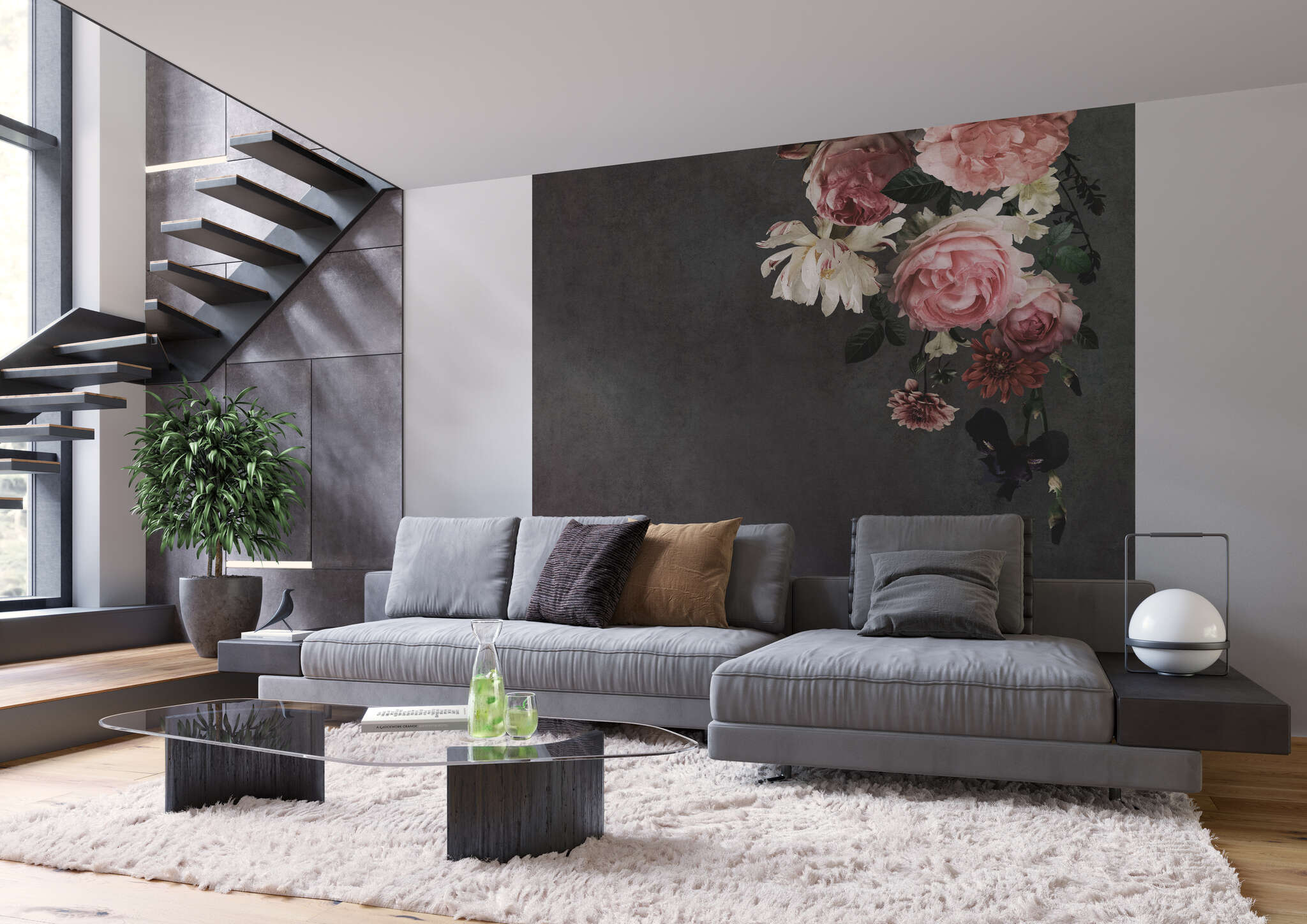 Wohnzimmer mit 363227 - Wandbild - Blumenbouquet in Rosarot & Weiß magicwalls Fototapete 363227
