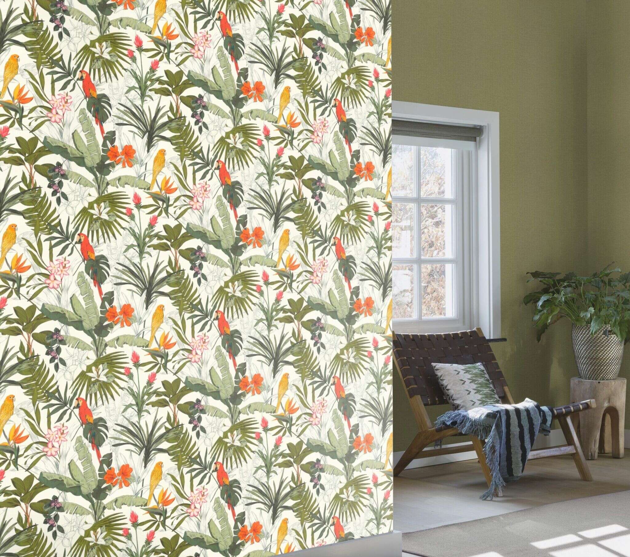 10-689907 Raumsituationen 3 Room with Wallpaper with tropical plants and parrots