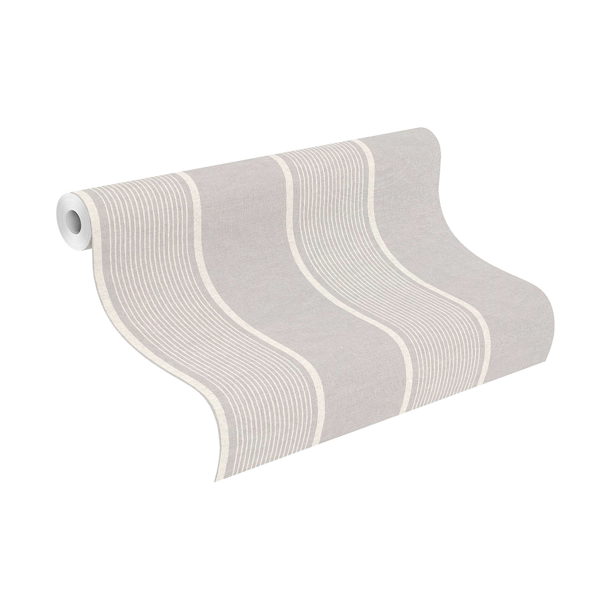 10-463972 Rolle abgerollt 1 Unrolled wallpaper roll with Timeless striped wallpaper with tone-on-tone stripes in grey