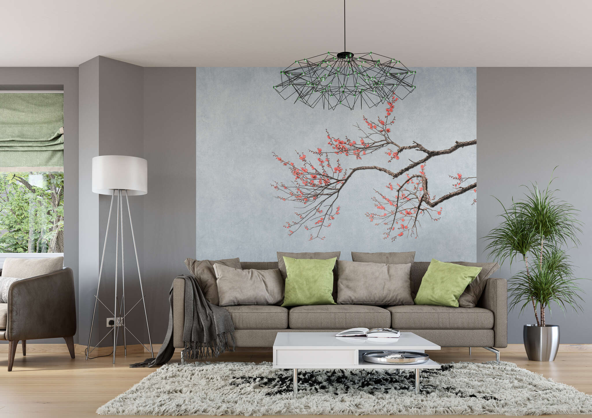 Wohnzimmer mit 362800 - Wandbild - Kirschblüten-Zweig auf blau-grauem Hintergrund magicwalls photo wallpaper 362800