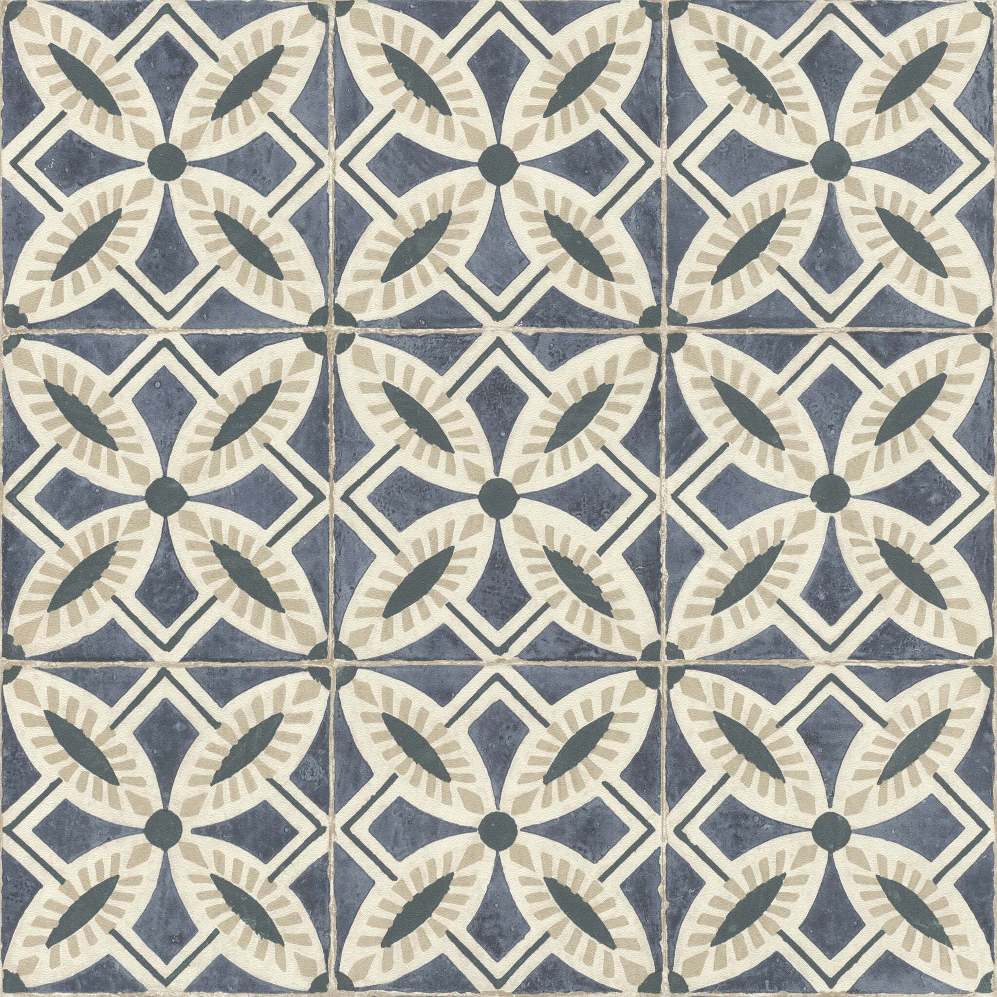 10-410235 Artikelscan 1 Vliestapete mit klassischem Fliesenmuster in Blau und Naturtönen – mediterraner Retro-Charme.
