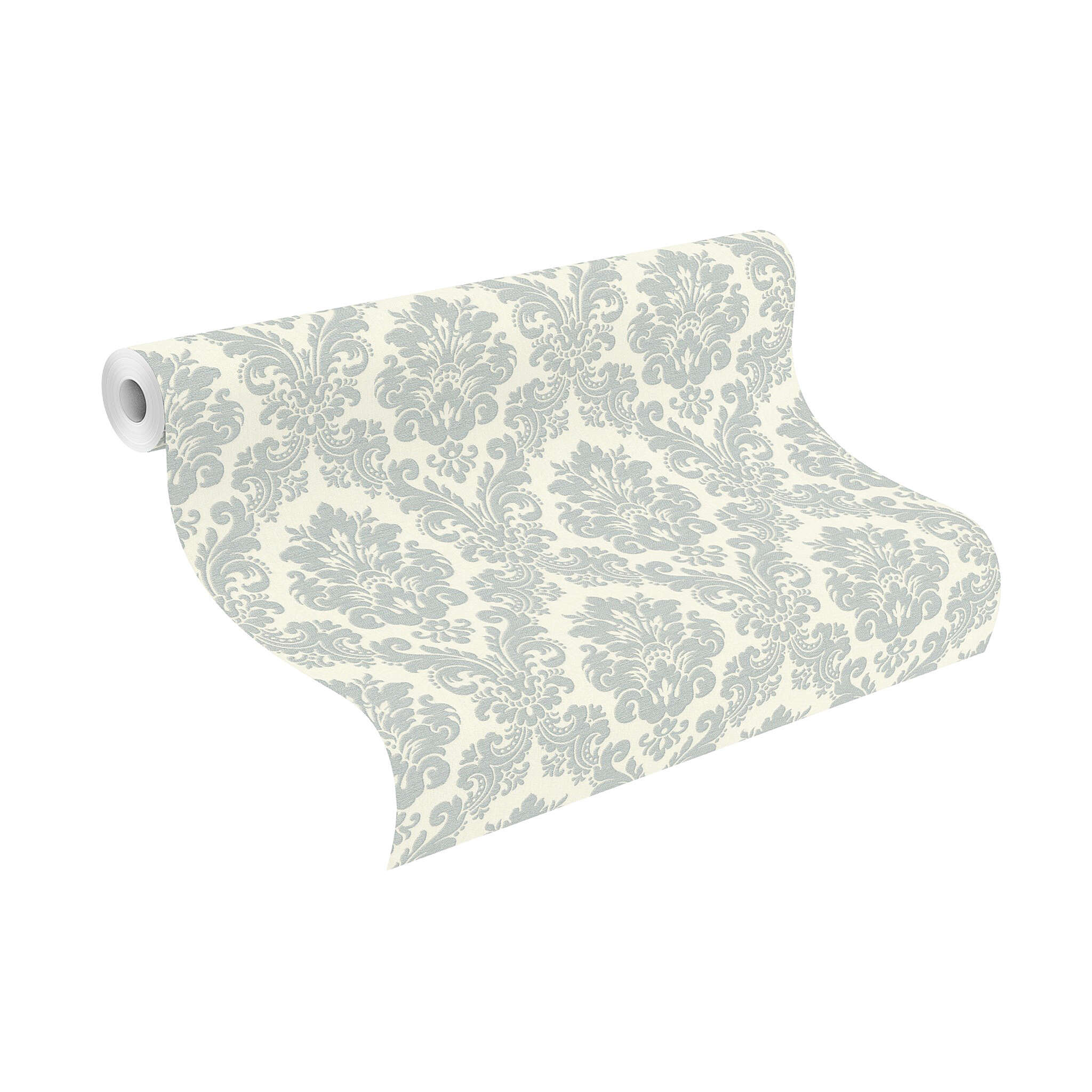 10-570533 Rolle abgerollt 1 Unrolled wallpaper roll with Silver-blue ornaments in classic baroque style on a cream-white background with a textile look