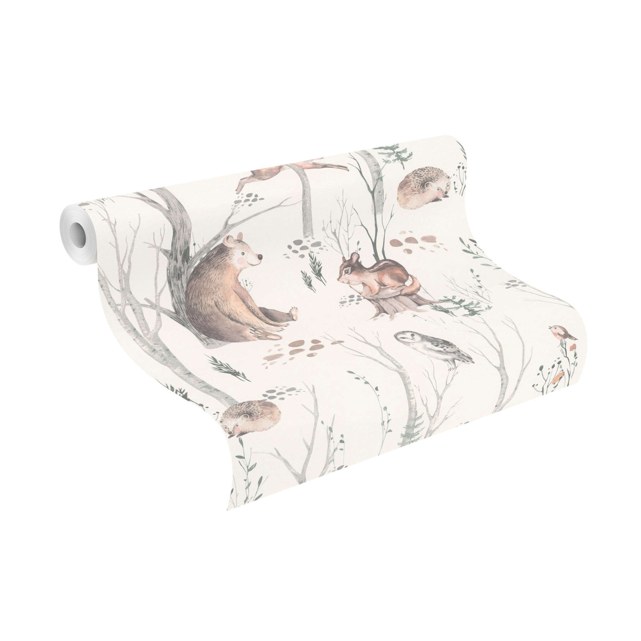 10-300048 Rolle abgerollt 1 Unrolled wallpaper roll with Playful children's wallpaper with drawn animals such as bears, rabbits and owls in natural colours on a light background