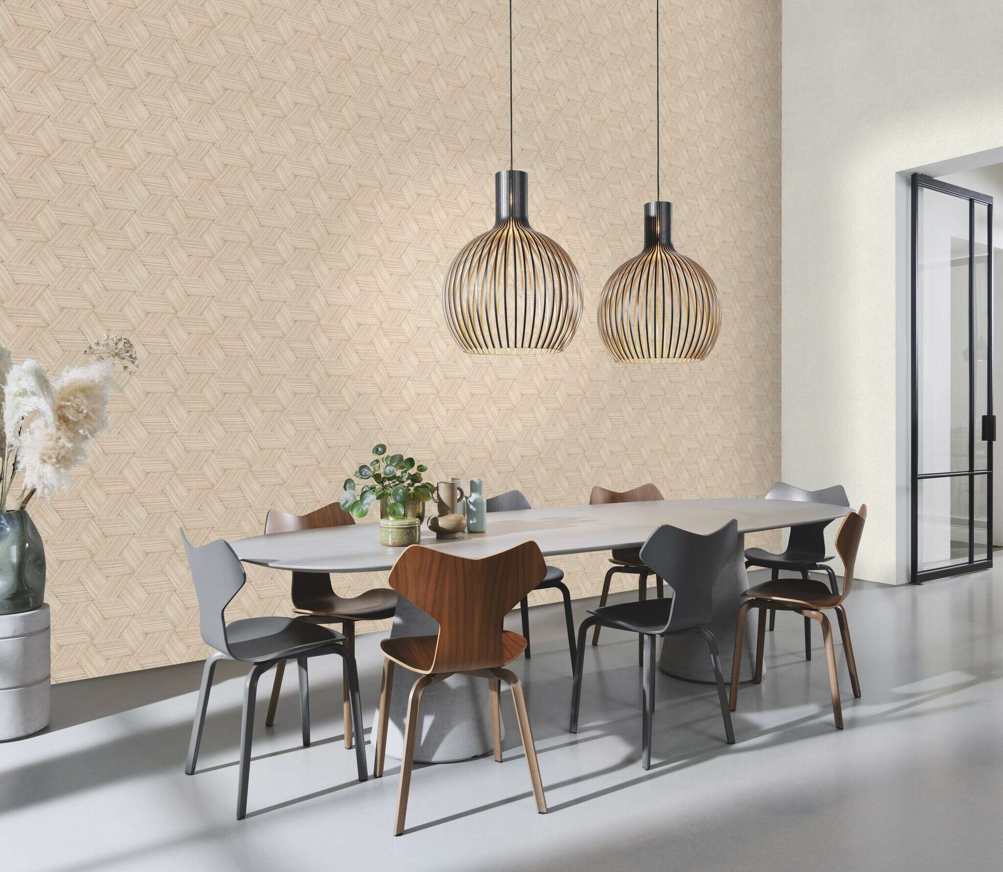 10-865523 Raumsituationen 3 Raum mit Geometrische Tapete mit Holzgeflecht