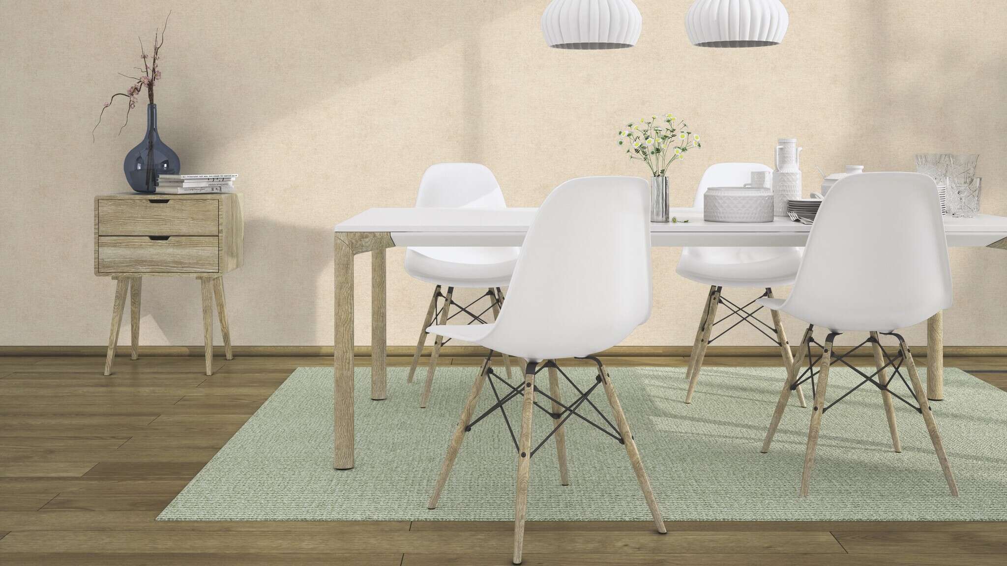 10-408133 Raumsituationen 2 Room with Non-woven wallpaper in a light beige tone with a subtle woven texture