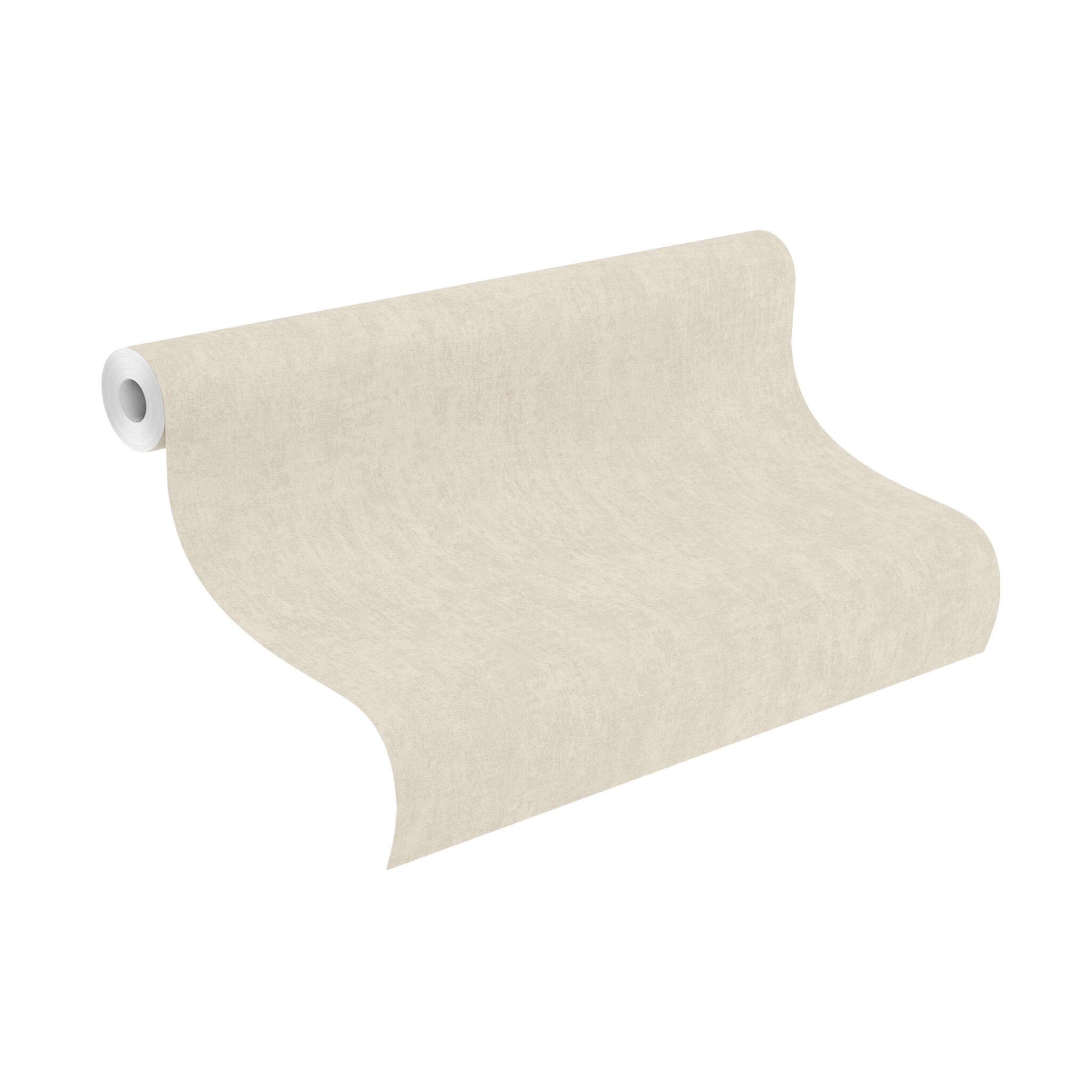10-229820 Rolle abgerollt 1 Unrolled wallpaper roll with Wallpaper with a fine, textile-like texture in a light beige tone for subtle elegance