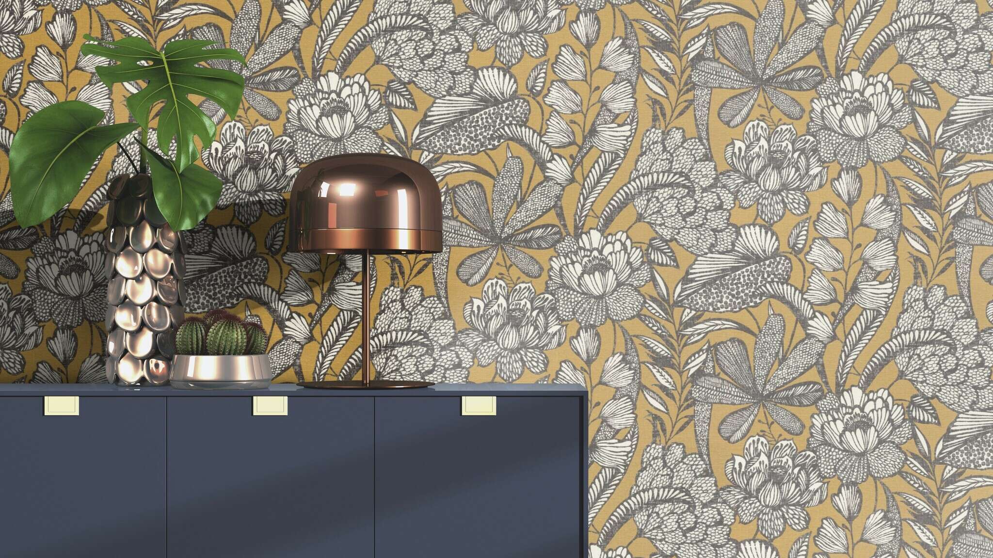 10-555363 Raumsituationen 1 Une chambre avec Papier peint botanique avec de grandes plantes et des feuilles