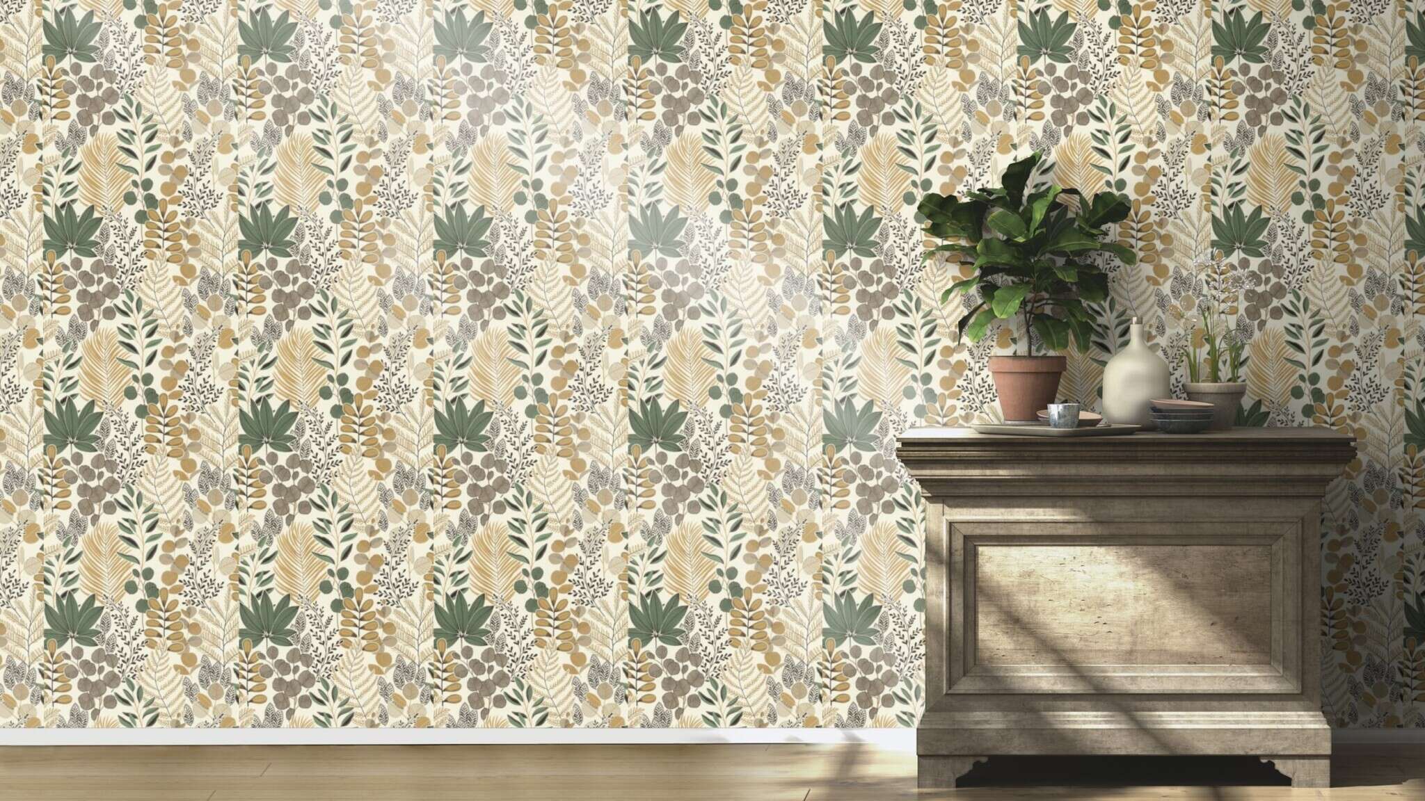 10-465334 Raumsituationen 2 Room with Detailed leaf graphic in ochre, green, beige and black on a light background – stylised nature for modern living spaces.