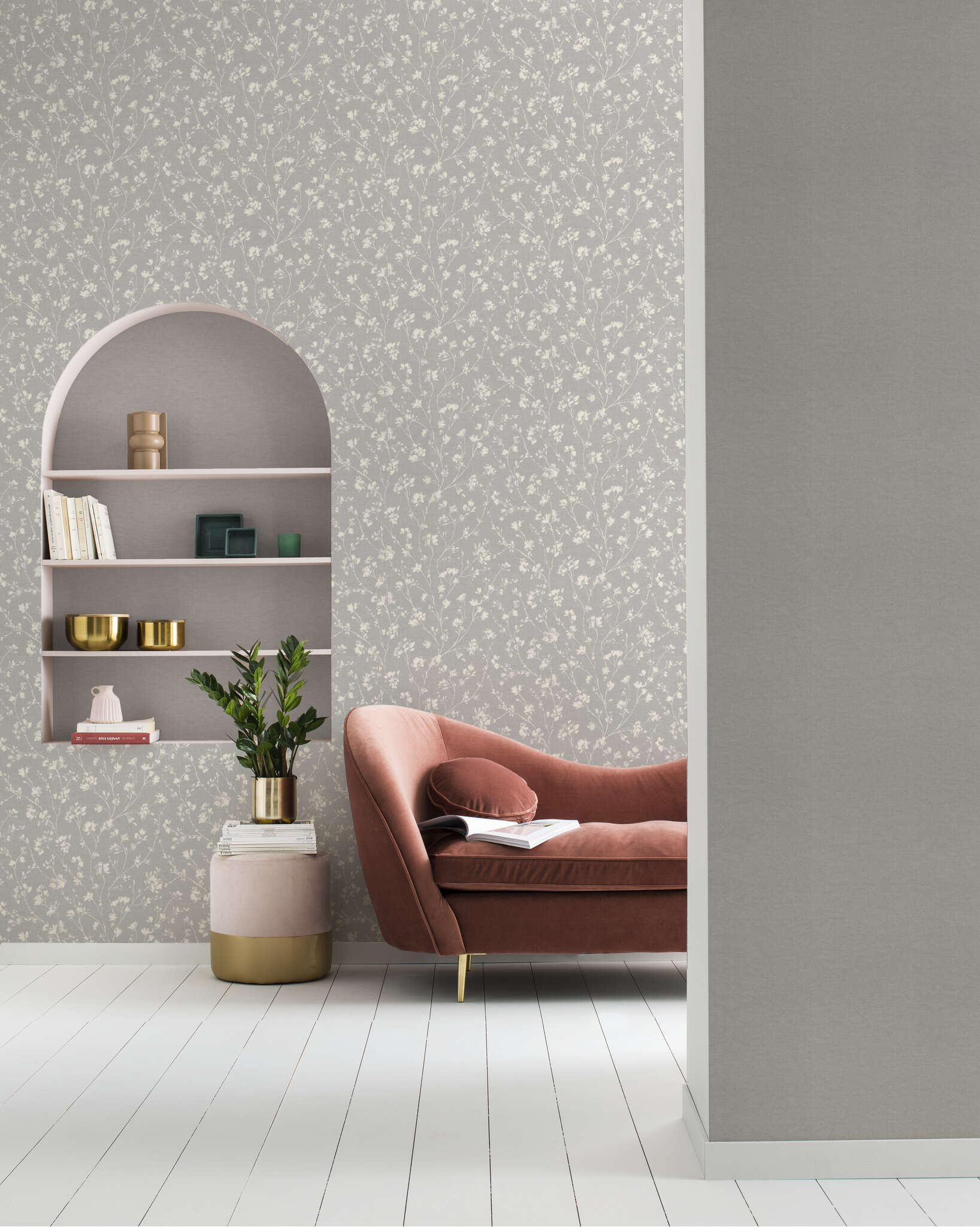 10-463828 Raumsituationen 4 Room with Delicate white flower tendrils on a medium grey background – an elegant, subtle wallpaper for modern living spaces.