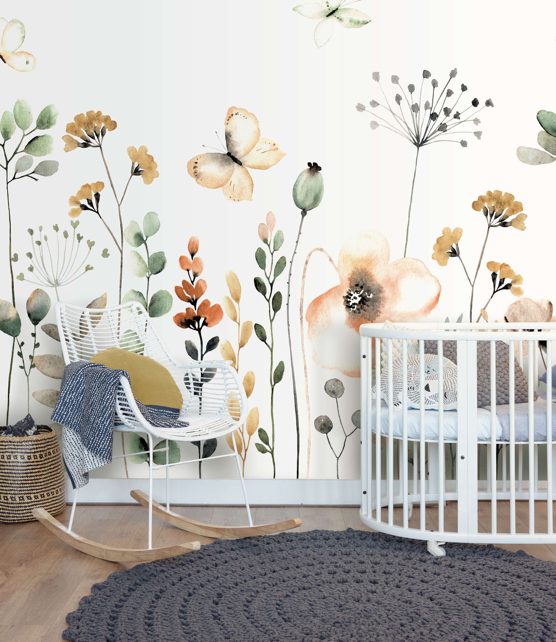 Kinderzimmer mit 253283 - Wandbild - Blumenwiese in zartem Aquarell rosé/petrol Fototapete Blumenwiese in Grün - Bambino XIX 253283