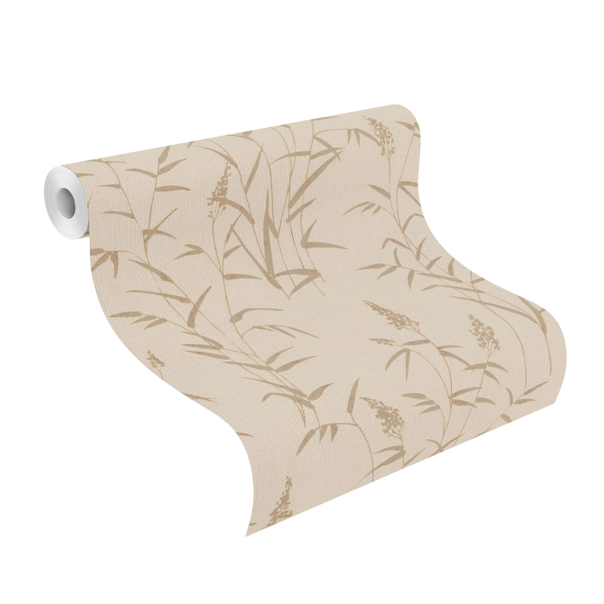10-312928 Rolle abgerollt 1 Rollenabbildung mit Beige Tapete mit dezent braunem Gräserdruck in natürlicher, ruhiger Optik.
