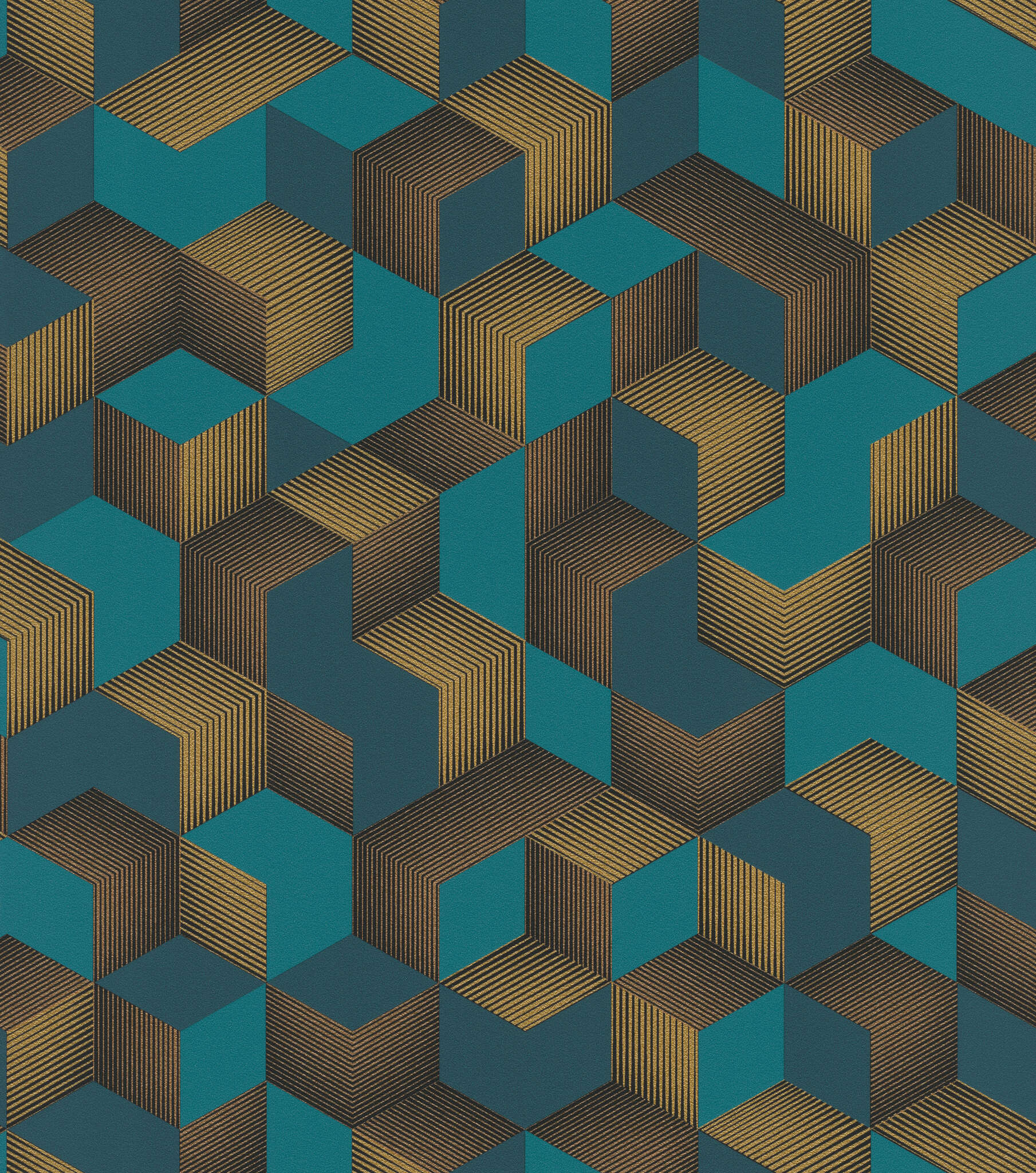 10-403909 Artikelscan 1 Papier peint géométrique accrocheur avec des cubes 3D bleus et dorés pour des murs d'accent impressionnants