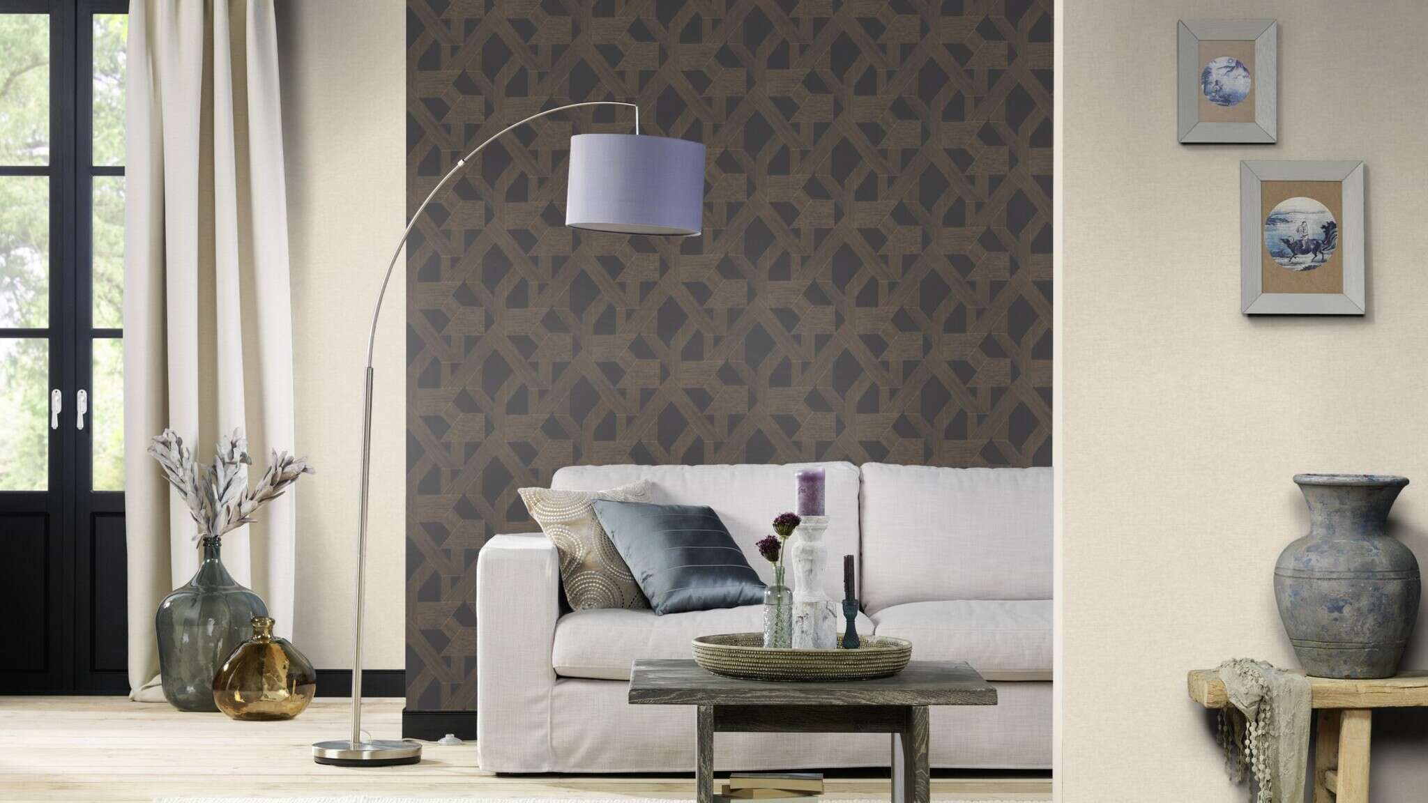 10-600445 Raumsituationen 3 Room with Geometric wallpaper with lines and diamonds