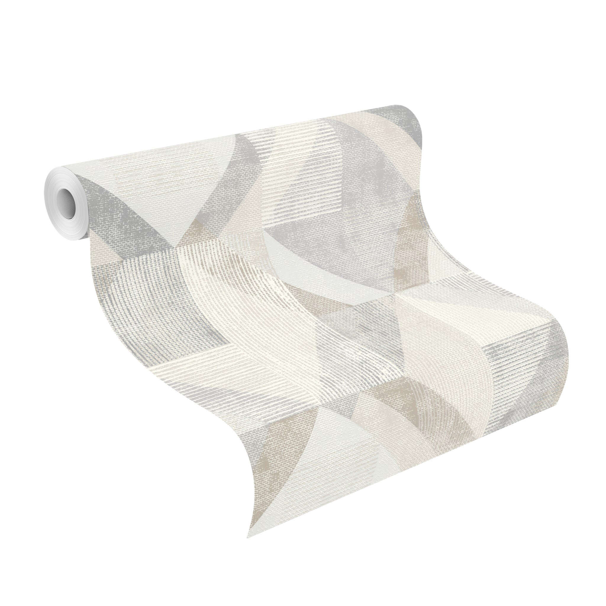 10-311921 Rolle abgerollt 1 Rollenabbildung mit Helle Tapete mit grafischem Muster in natürlichen Beige- und Grautönen, ideal für minimalistische Räume