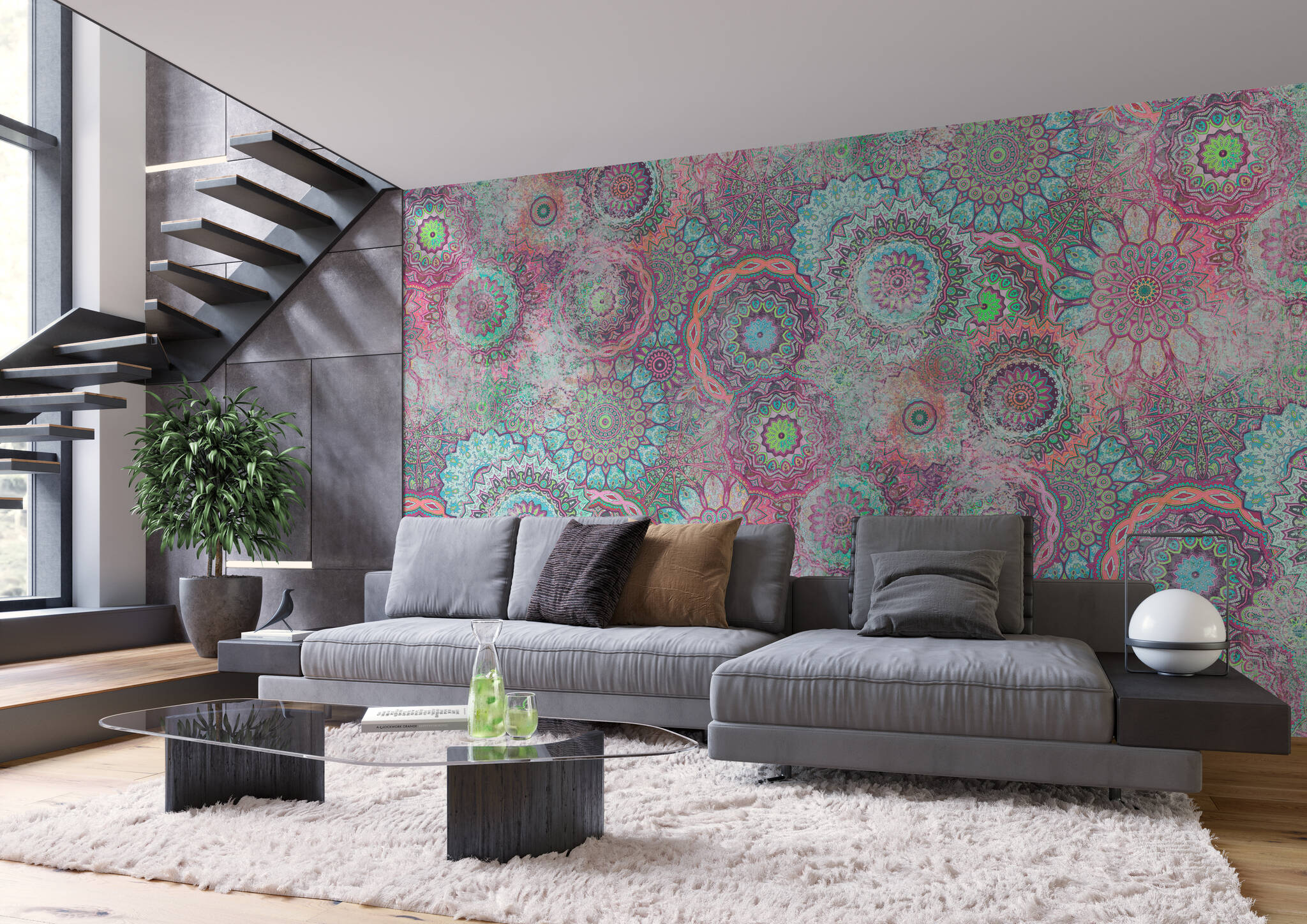 Wohnzimmer mit 362992 - Wandbild - Prallvolle Mandala-Sammlung in Türkis, Hellblau und Pink magicwalls Papier peint 362992