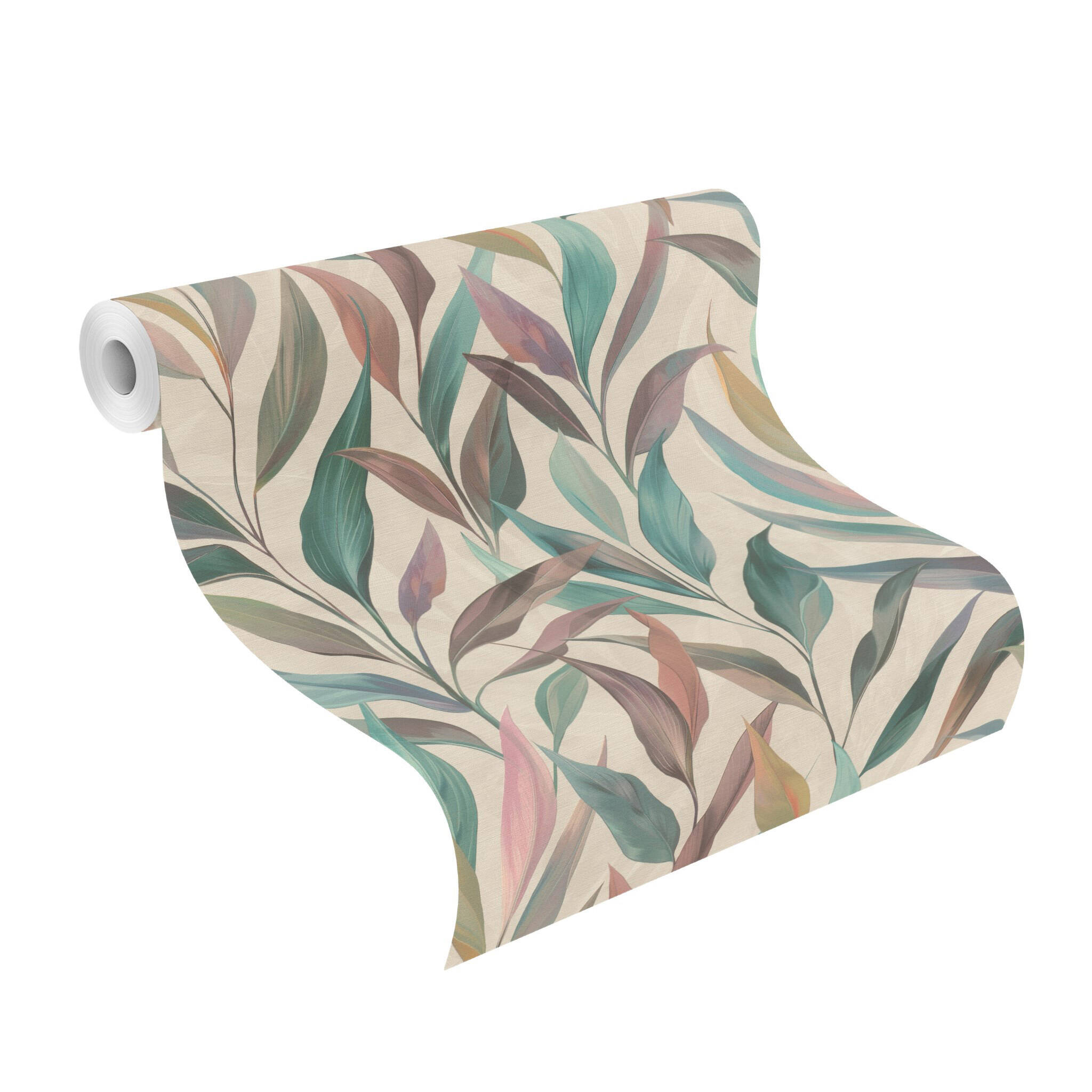 10-370614 Rolle abgerollt 1 Fiesta 370614 self-adhesive wallpaper - modern leaf pattern in blue, green and pink