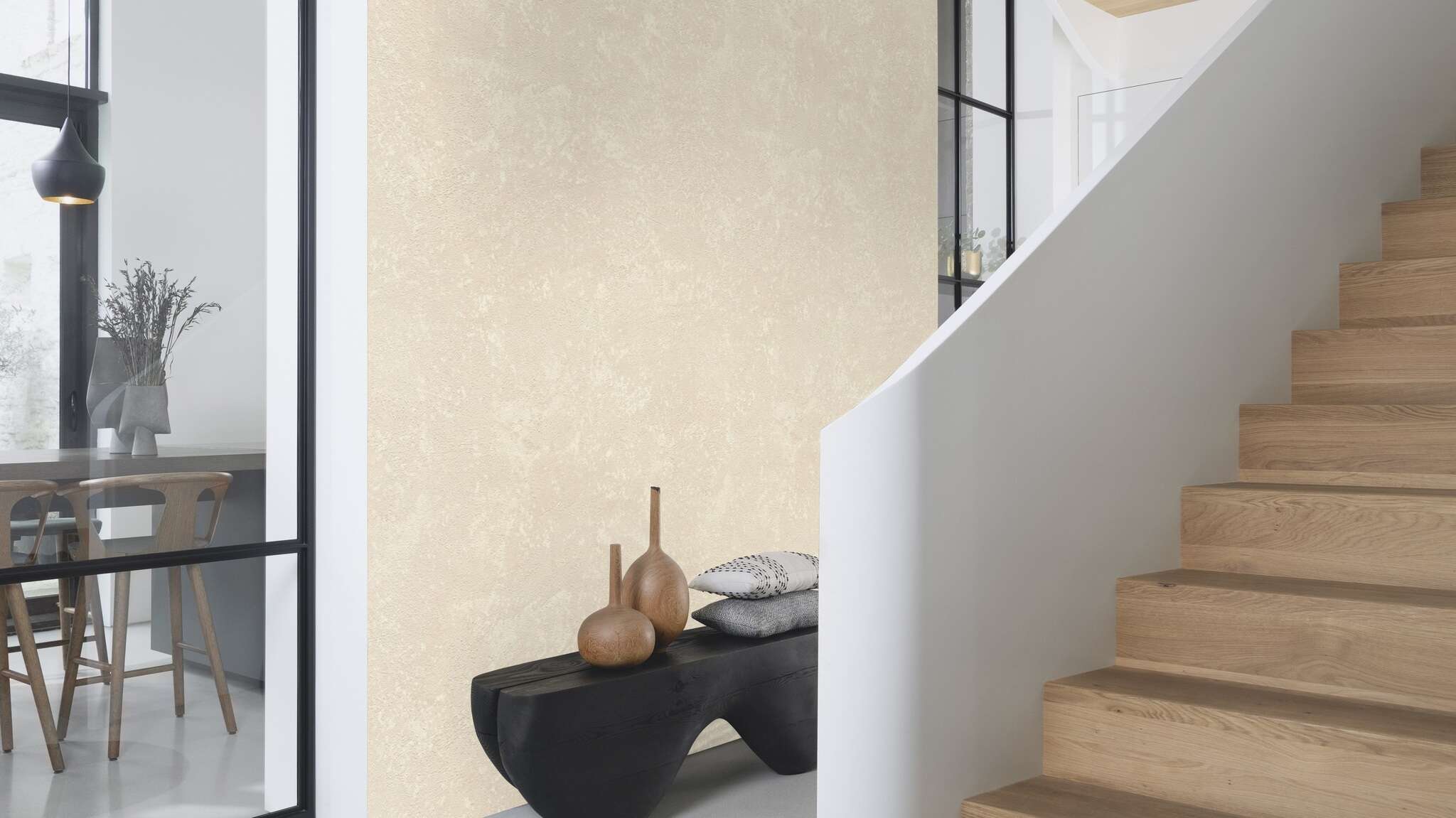 10-315110 Raumsituationen 2 Room with Beige non-woven wallpaper with a fine, irregular texture in an aged metal look – soft and full of character.