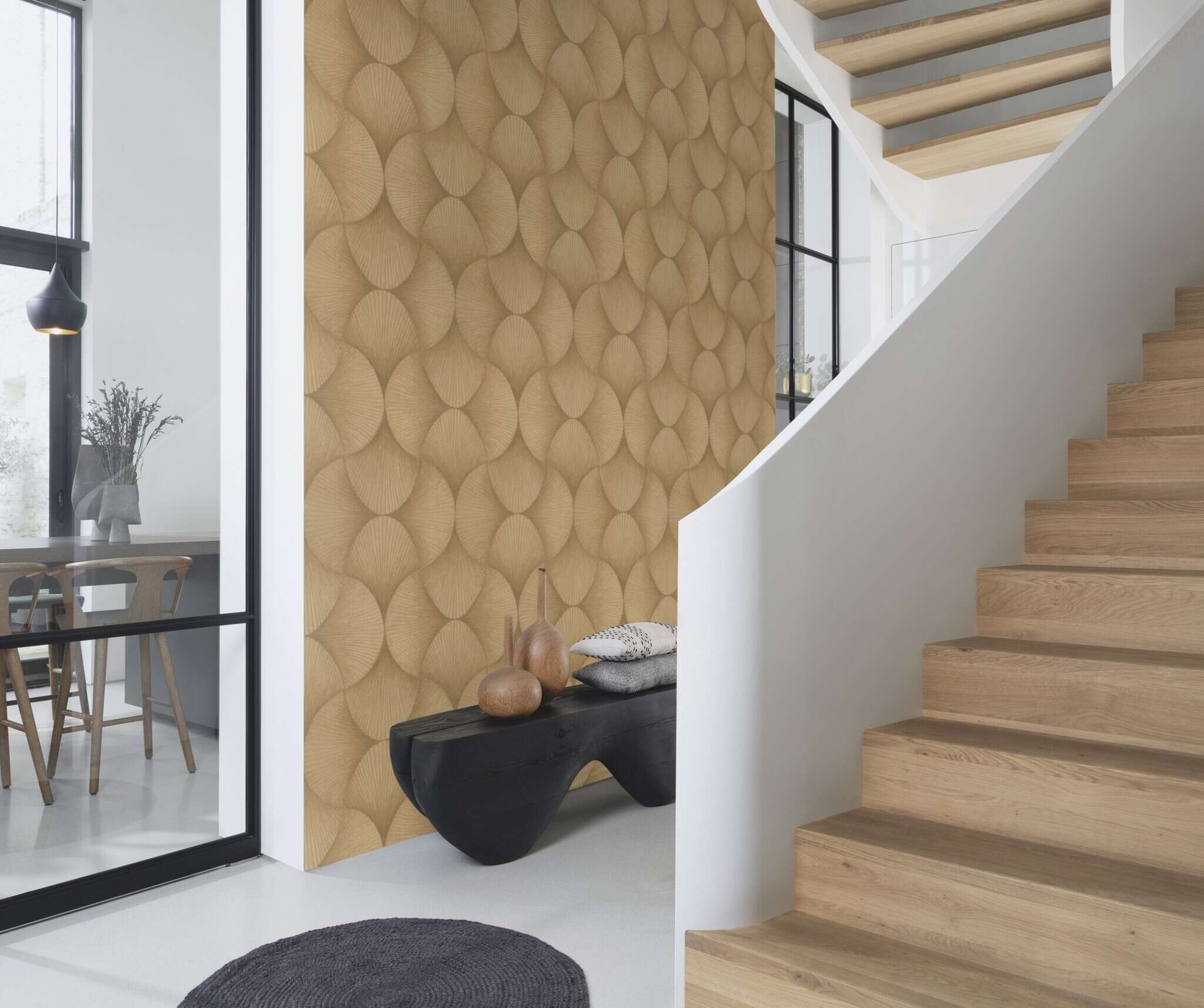 10-608243 Raumsituationen 3 Room with Graphic wallpaper with shells and grooved texture