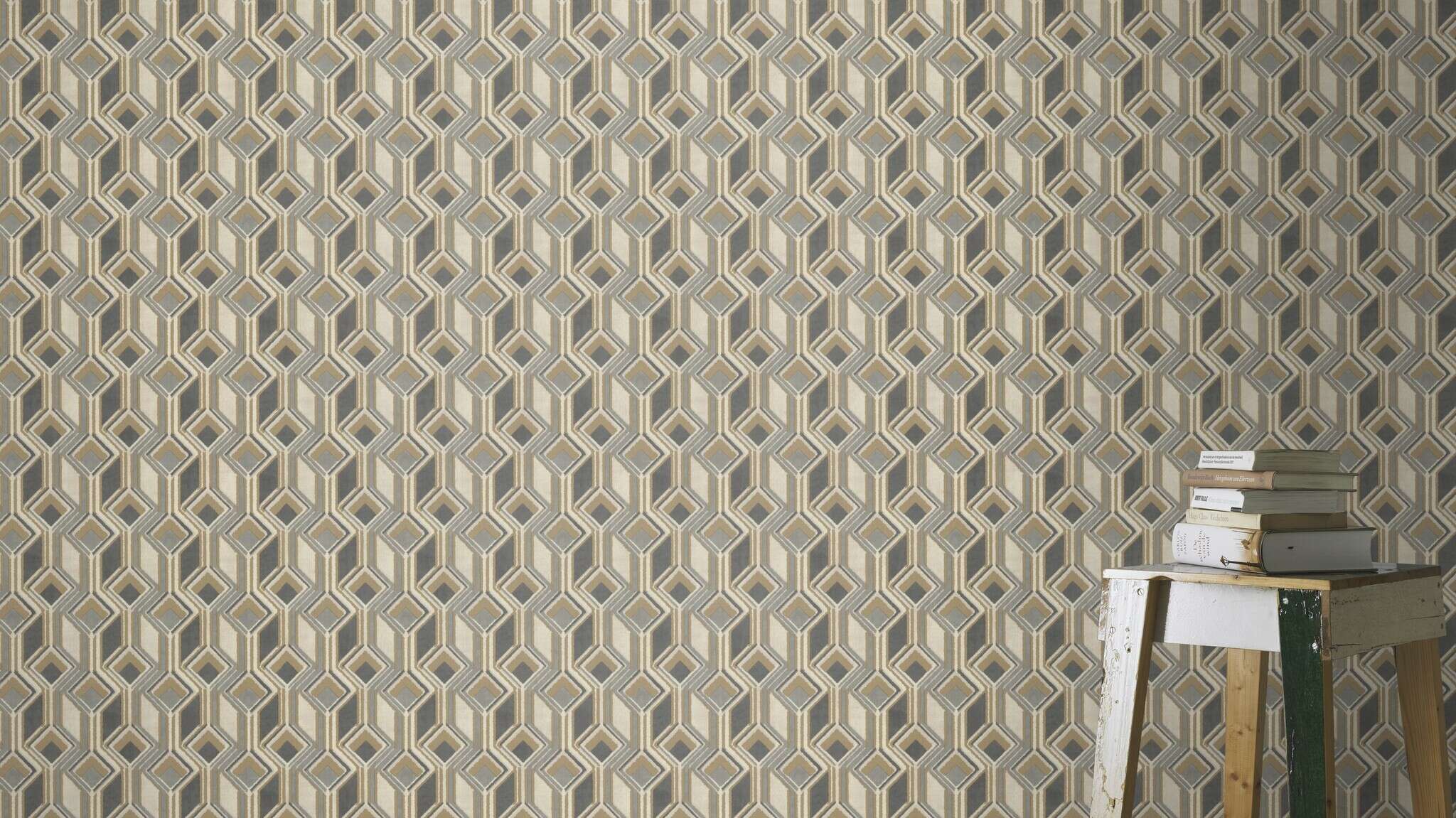 10-746532 Raumbilder 1 Room with Graphic wallpaper with squares, diamonds and lines in an ethnic design