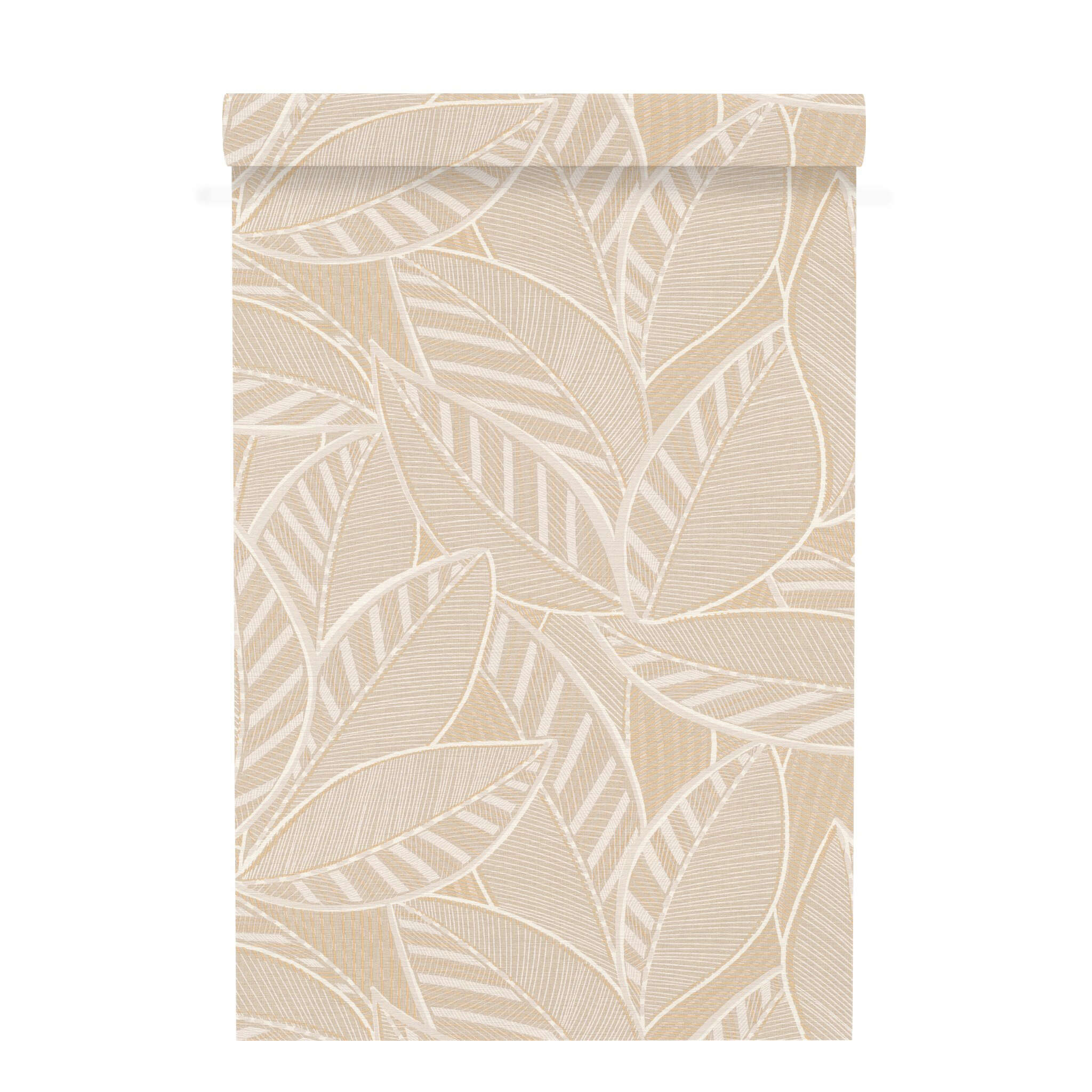 10-693409 Rolle abgerollt 1 Unrolled wallpaper roll with Large, overlapping leaves with fine textures and a woven look in white, grey and light brown