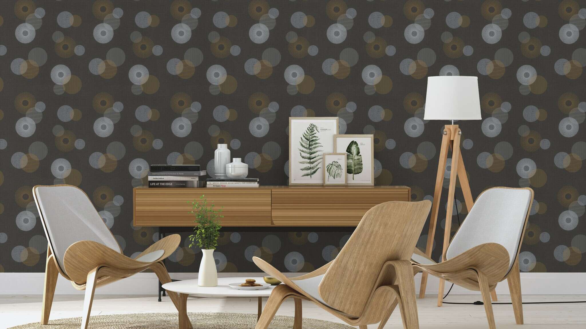 10-311501 Raumsituationen 1 Room with Dark wallpaper with a graphic pattern of circles in various sizes in grey, gold and copper