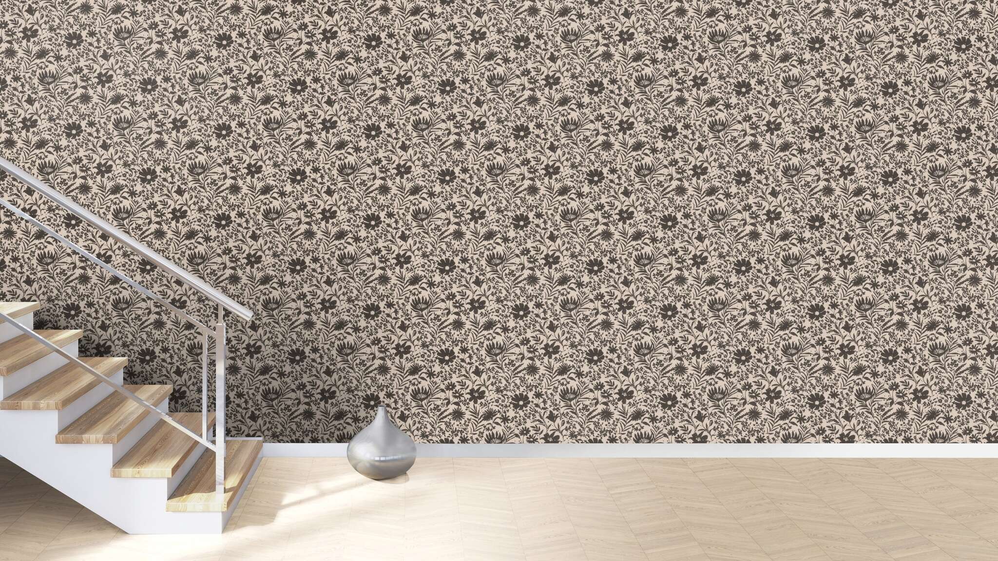 10-330434 Raumsituationen 2 Room with Floral non-woven wallpaper with black print on a beige background – graphic, contrasting and modern.