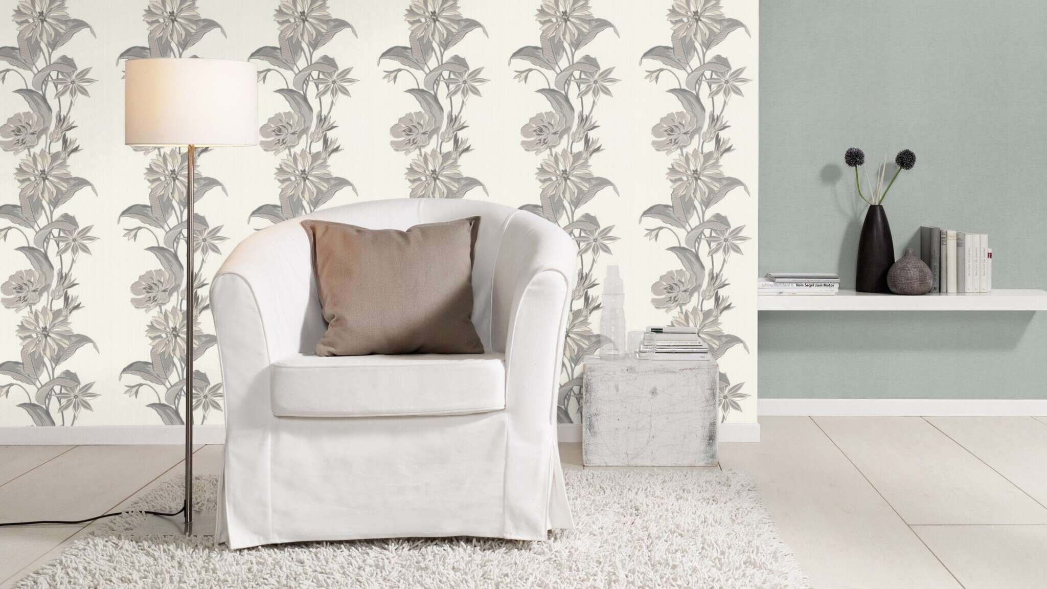 10-449822 Raumsituationen 4 Une chambre avec Papier peint gris clair avec une surface calme et un aspect textile.