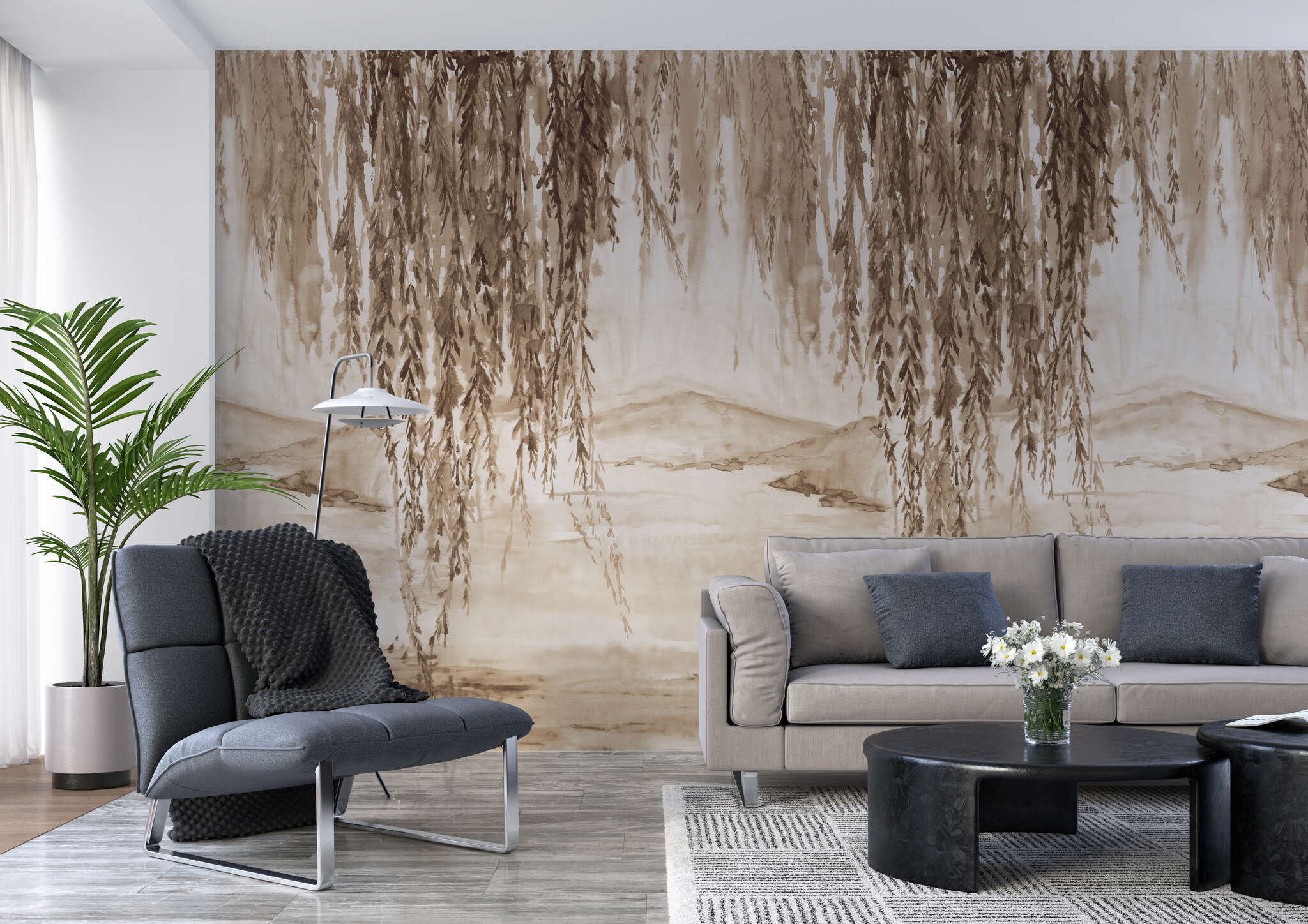 Wohnzimmer mit 360813 - Wandbild - Gemälde mit Blick auf Berge in braun magicwalls photo wallpaper 360813