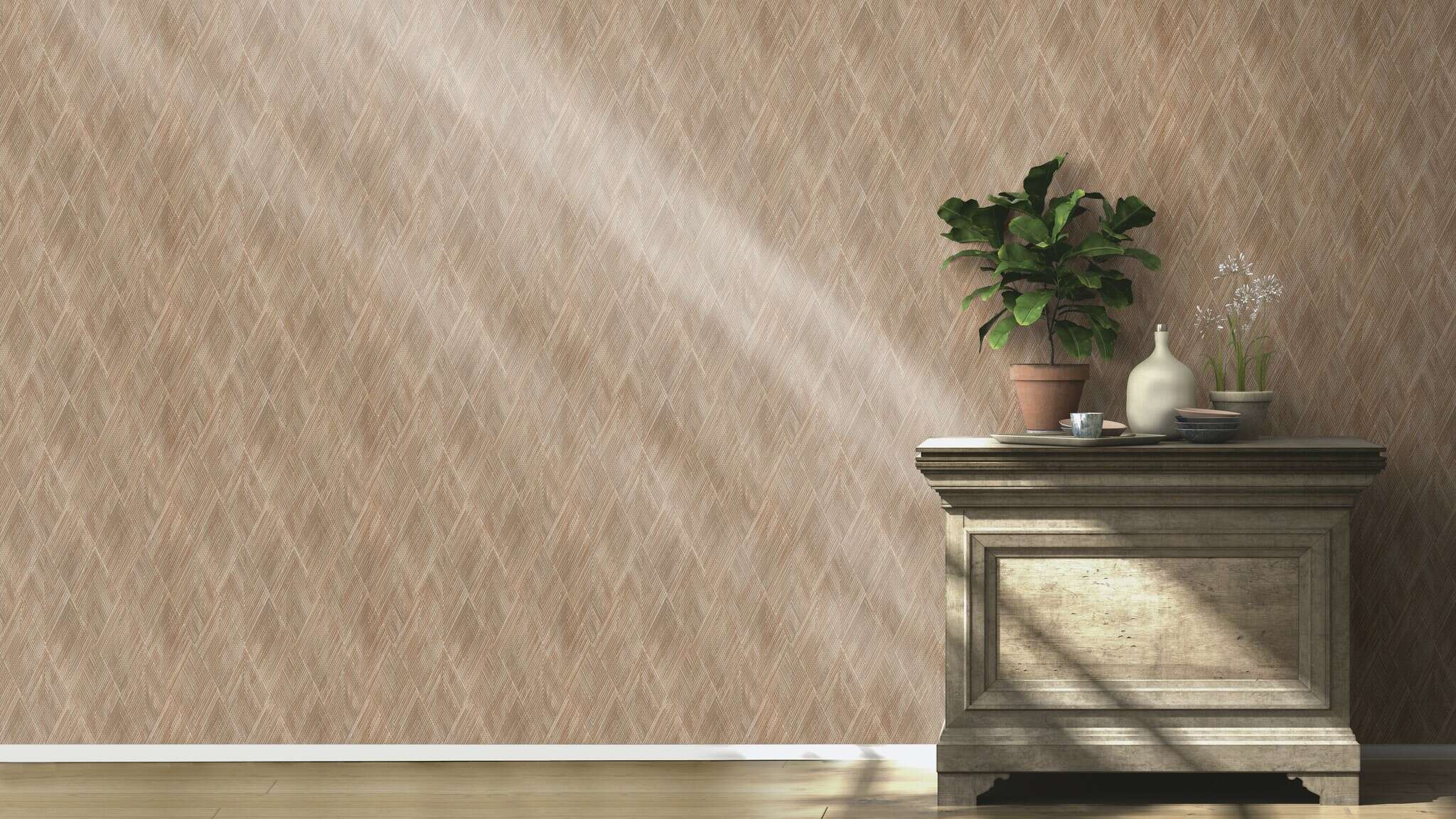 10-844139 Raumsituationen 2 Room with Wallpaper with zigzag diamonds and diagonal lines