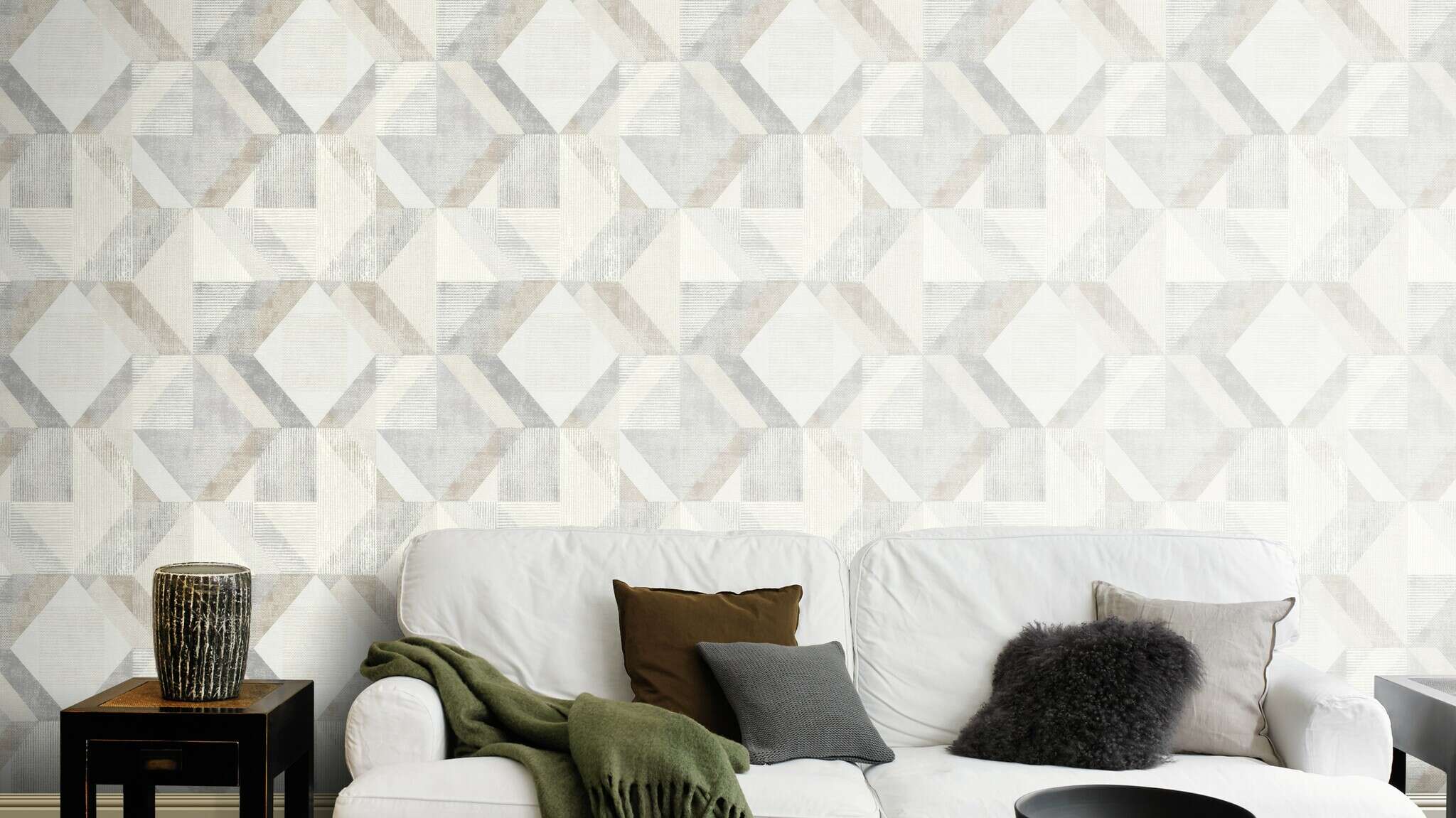 10-311921 Raumsituationen 3 Raum mit Helle Tapete mit grafischem Muster in natürlichen Beige- und Grautönen, ideal für minimalistische Räume