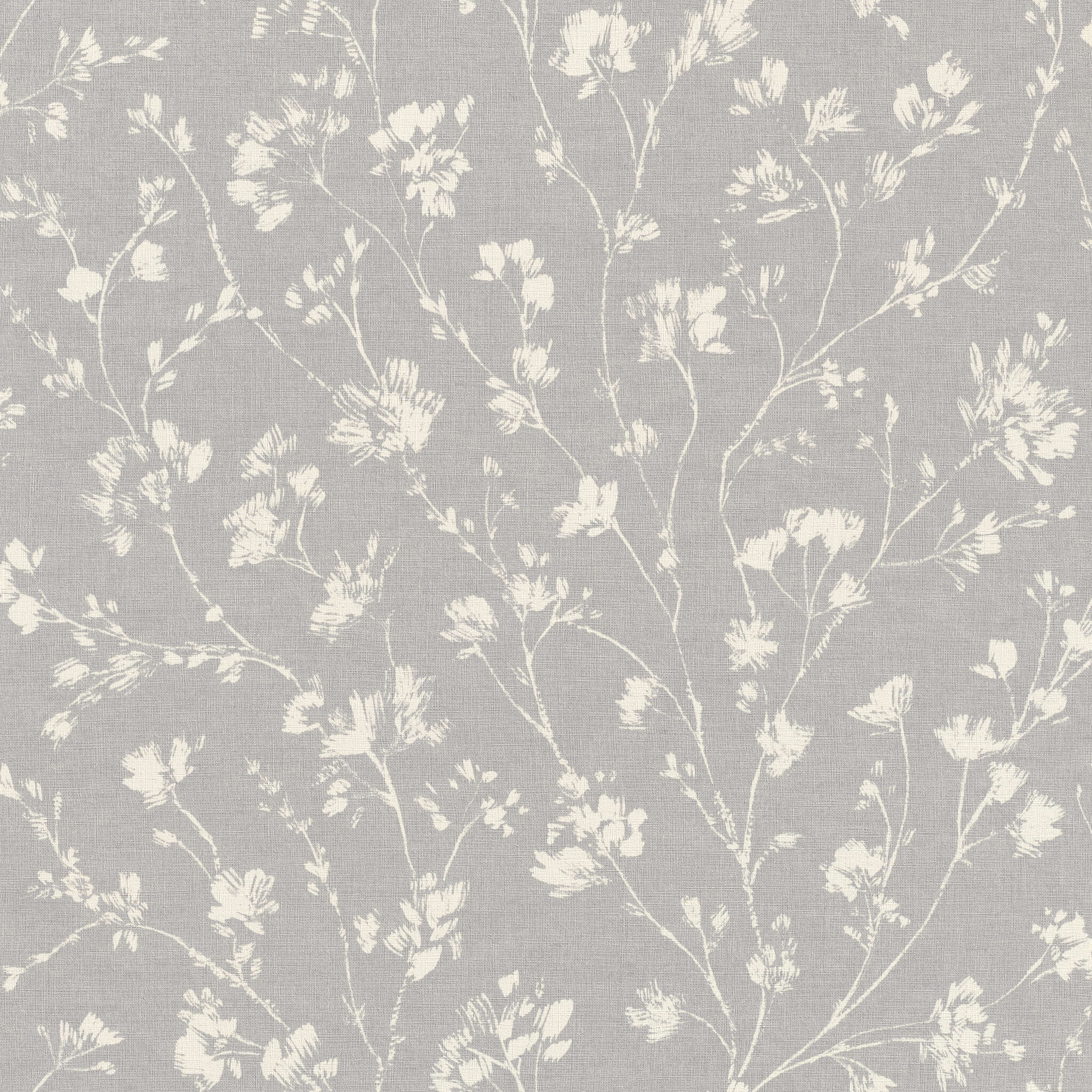 10-463828 Artikelscan 1 Delicate white flower tendrils on a medium grey background – an elegant, subtle wallpaper for modern living spaces.