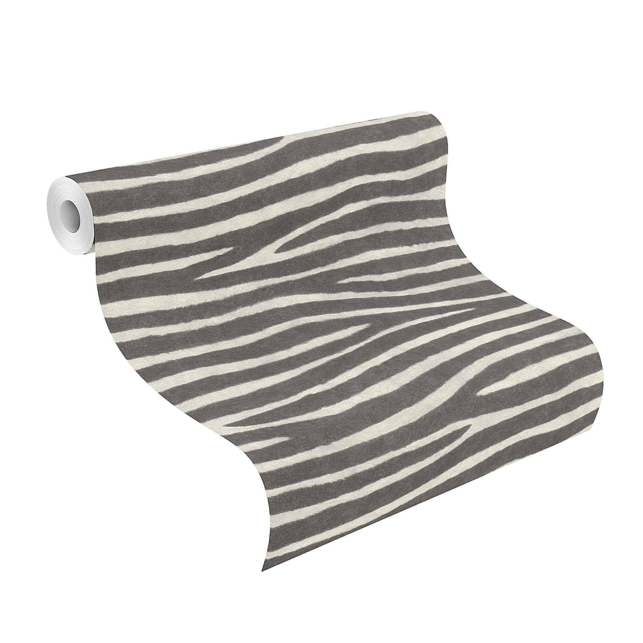 10-751727 Rolle abgerollt 1 Unrolled wallpaper roll with Wallpaper with fur texture and zebra skin look