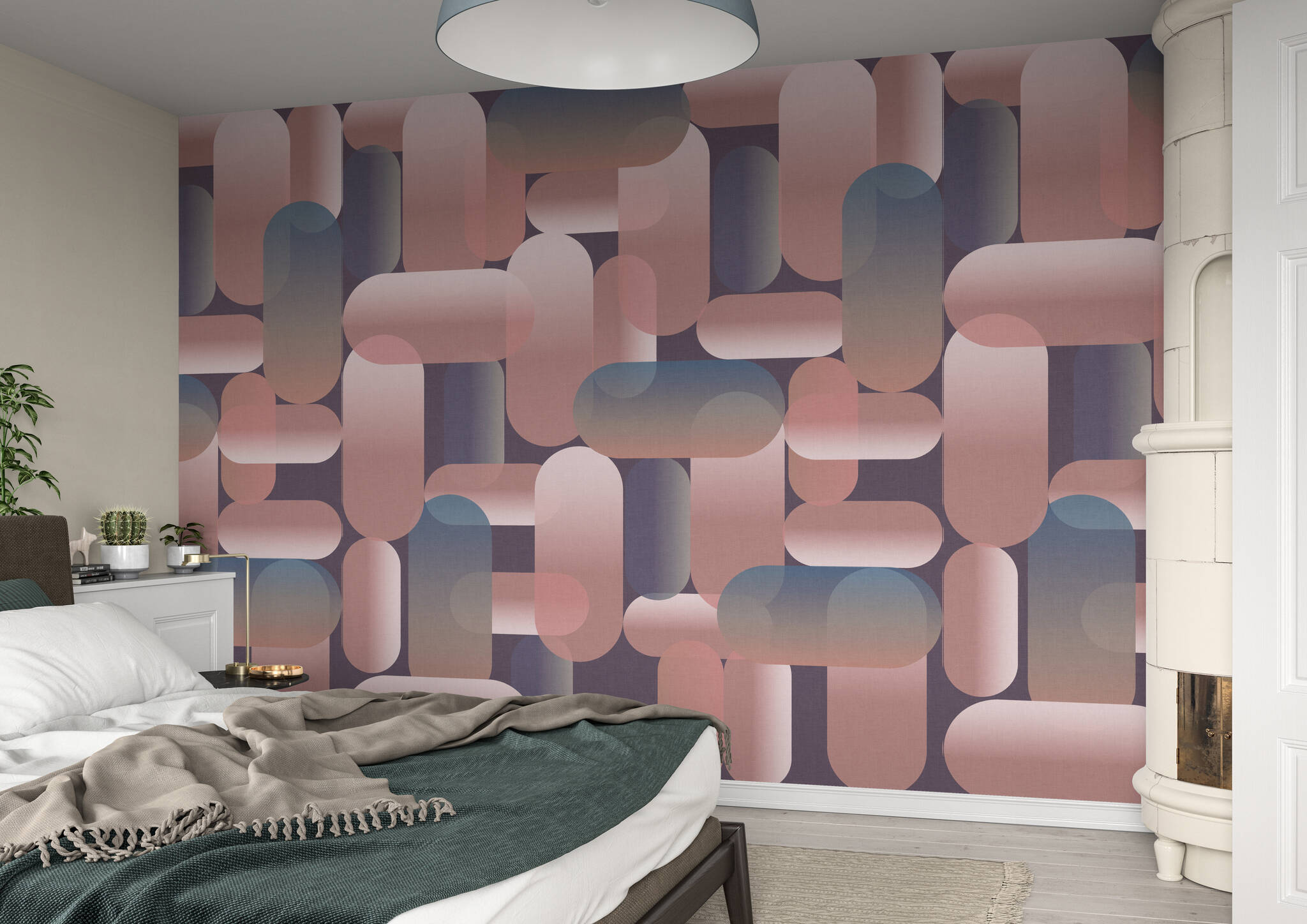 Schlafzimmer mit Wandbild - Anleihen aus den 70ern prägen dieses Oval-Muster in eleganten Rosa- und Blau-Tönen