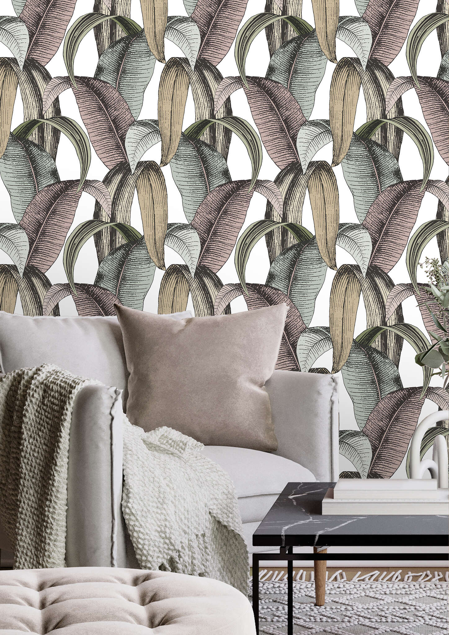 10-867961 Raumbilder 1 Room with Leaves in soft shades of beige, rose, mint and green on a cream-white background