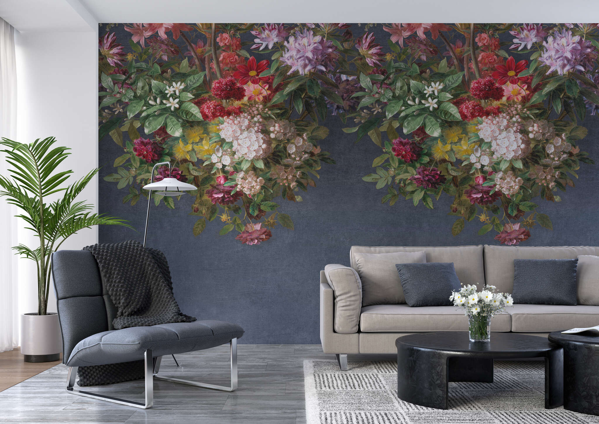 Wohnzimmer mit 360998 - Wandbild - Blütenpracht in kräftigen Farben auf blauem Hintergrund magicwalls Papier peint 360998