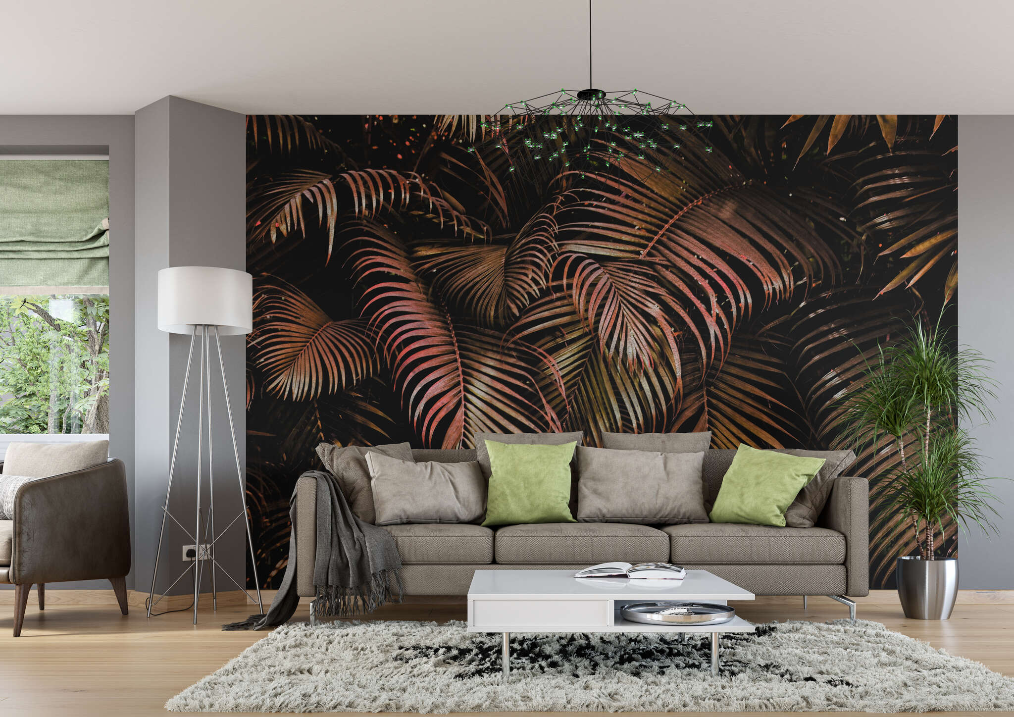 Wohnzimmer mit 363135 - Fototapete - Rote Palmenblätter mit 3D-Effekt magicwalls photo wallpaper 363135