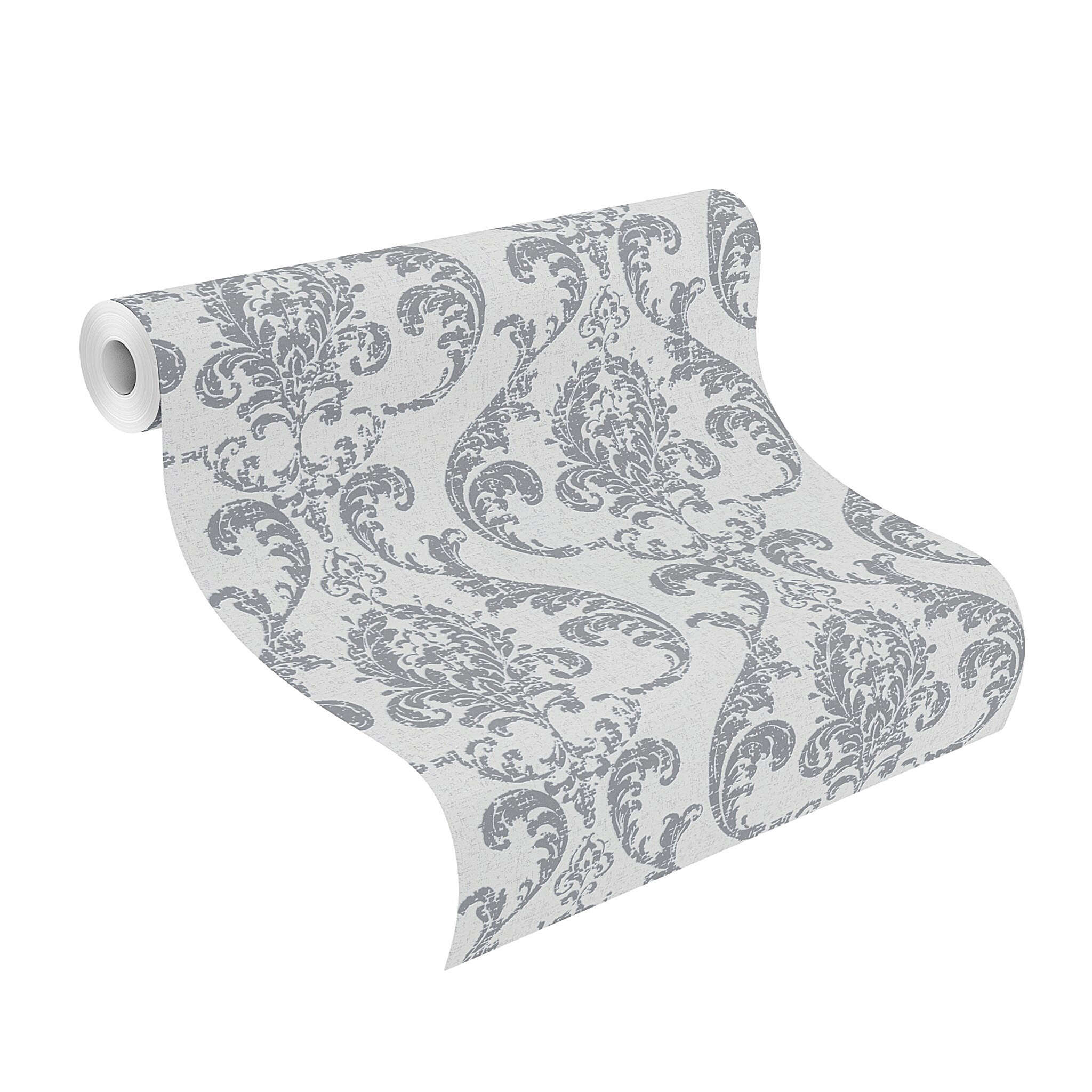 10-315615 Rolle abgerollt 1 Rollenabbildung mit Stilvolle Barockoptik in silbergrauem Design auf hellem Hintergrund – elegant und modern.