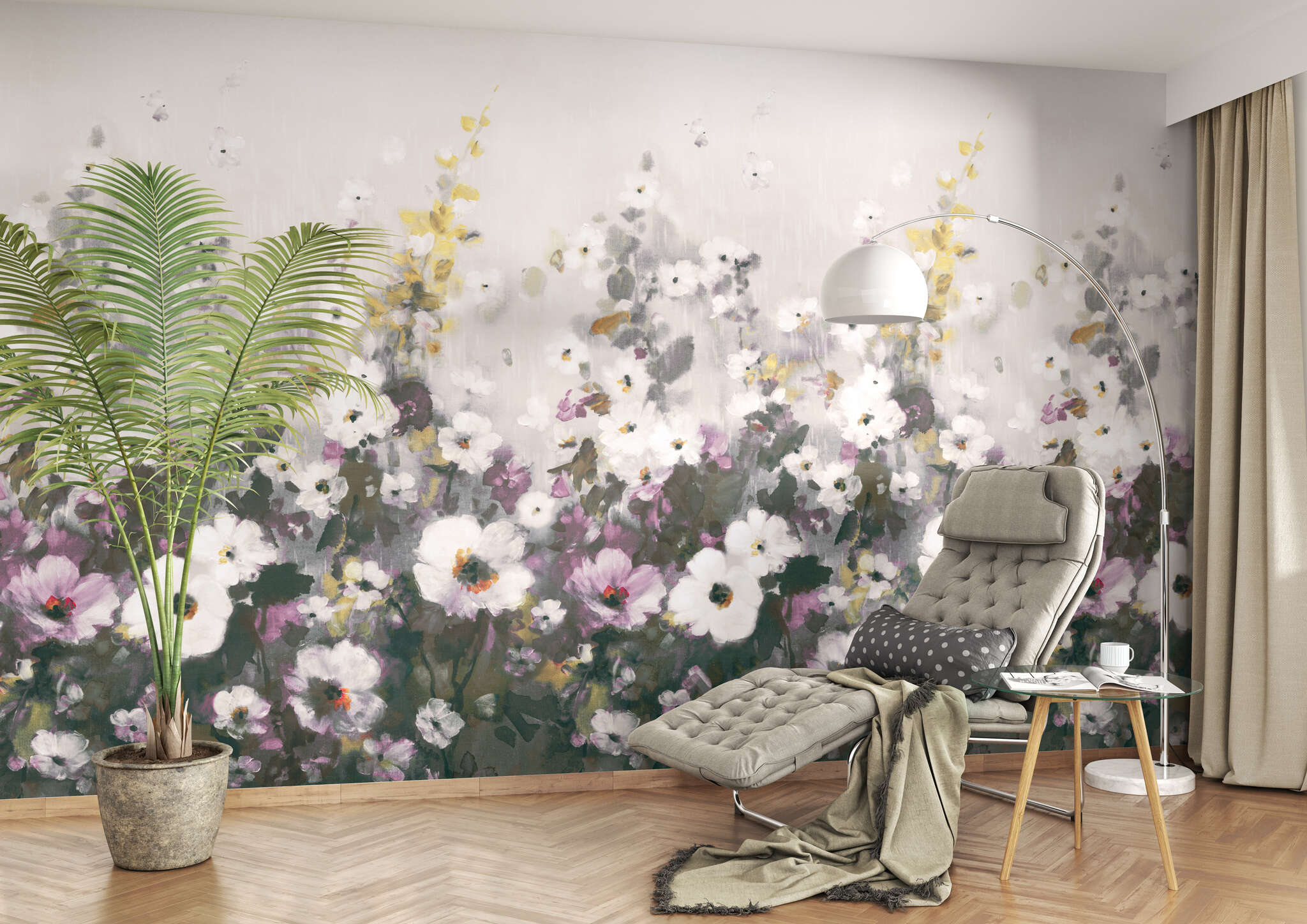 Wohnzimmer mit 360875 - Wandbild - Sommerblumenwiese in zartem Grün und violetten Highlights magicwalls Fototapete Blumen Lila 360875